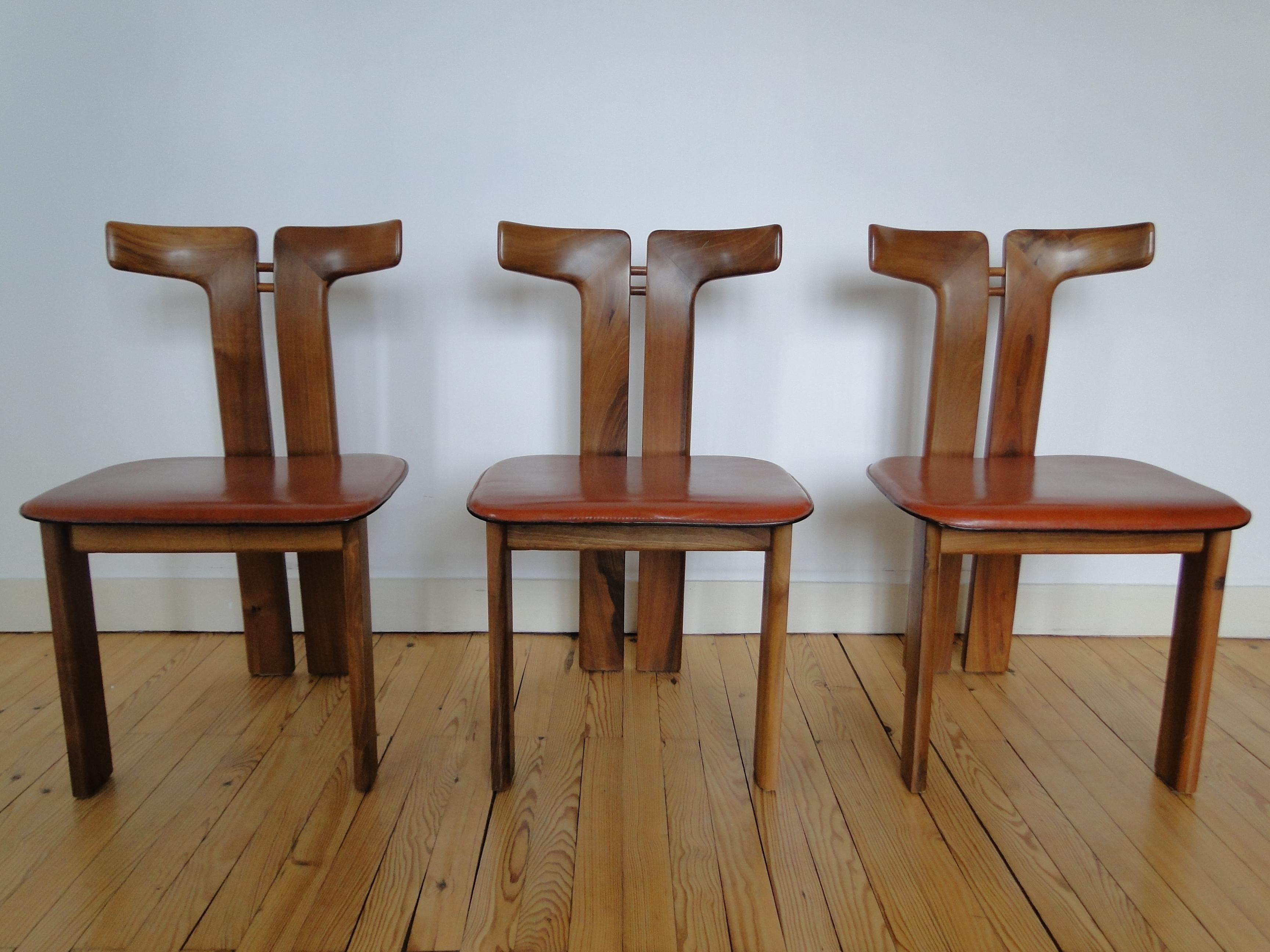 Pierre Cardin 6 Dining Chairs Chaises in Walnut and Leather  France 4