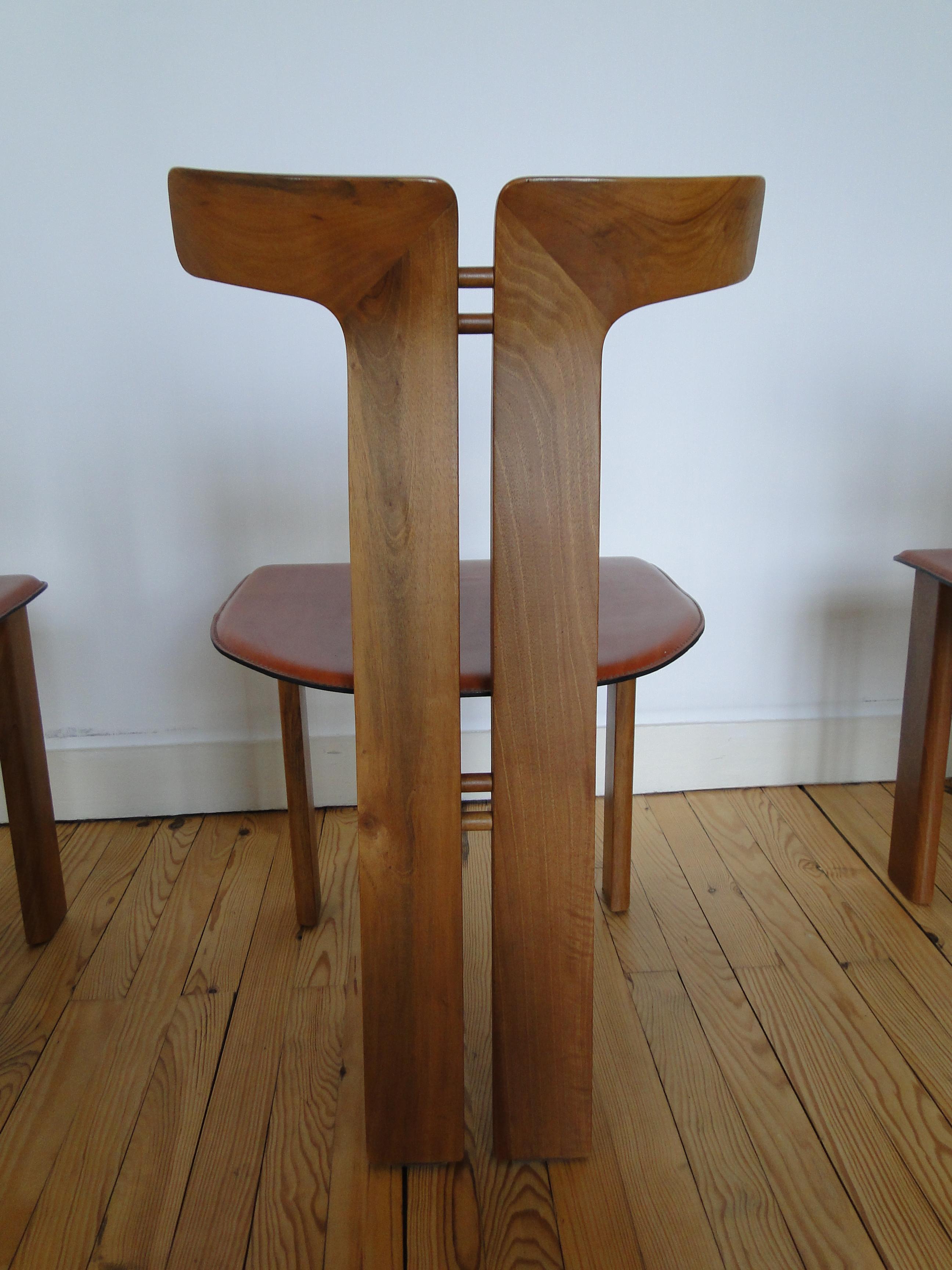 Pierre Cardin 6 Dining Chairs Chaises in Walnut and Leather  France 6