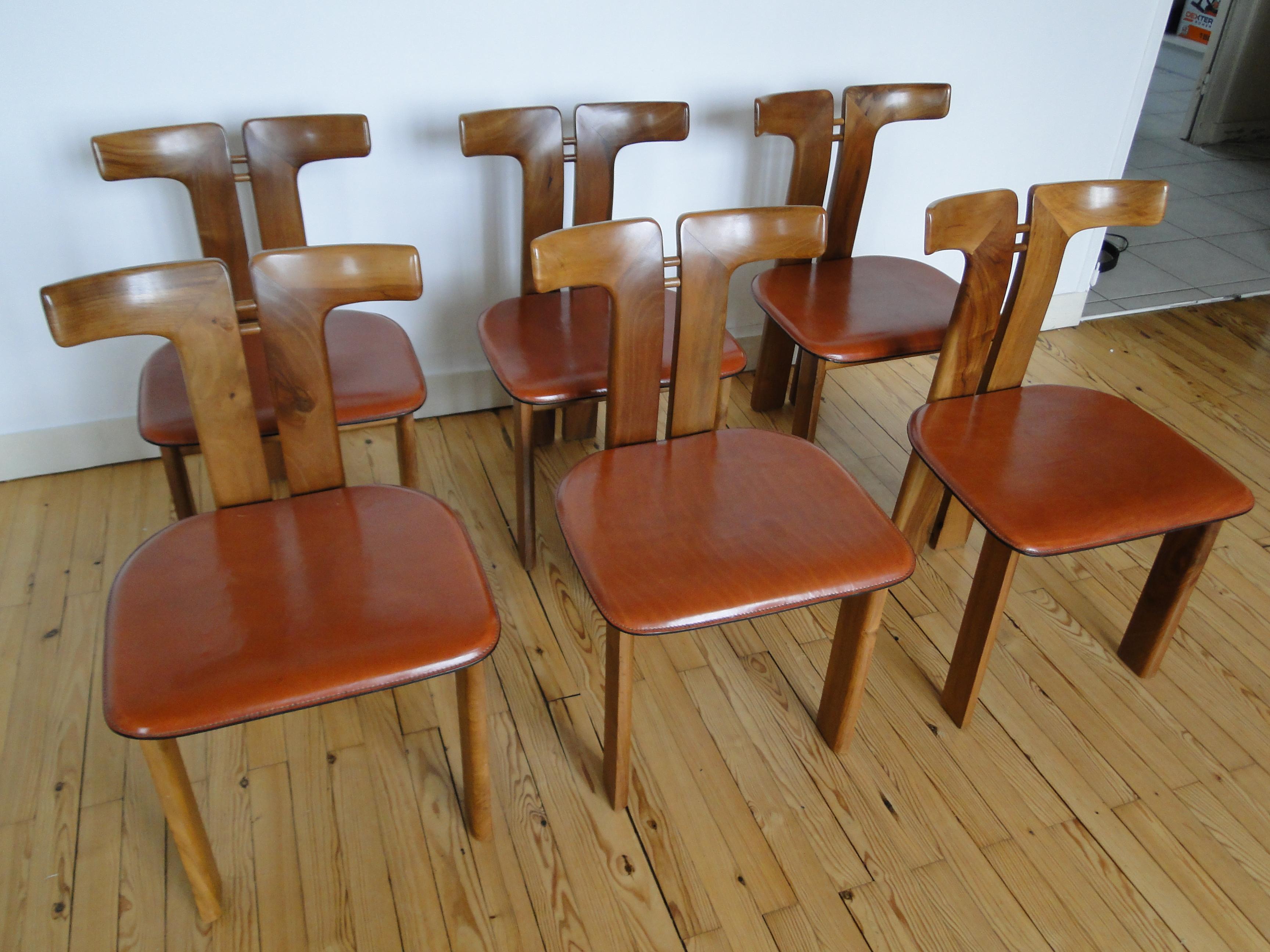 Modern Pierre Cardin 6 Dining Chairs Chaises in Walnut and Leather  France
