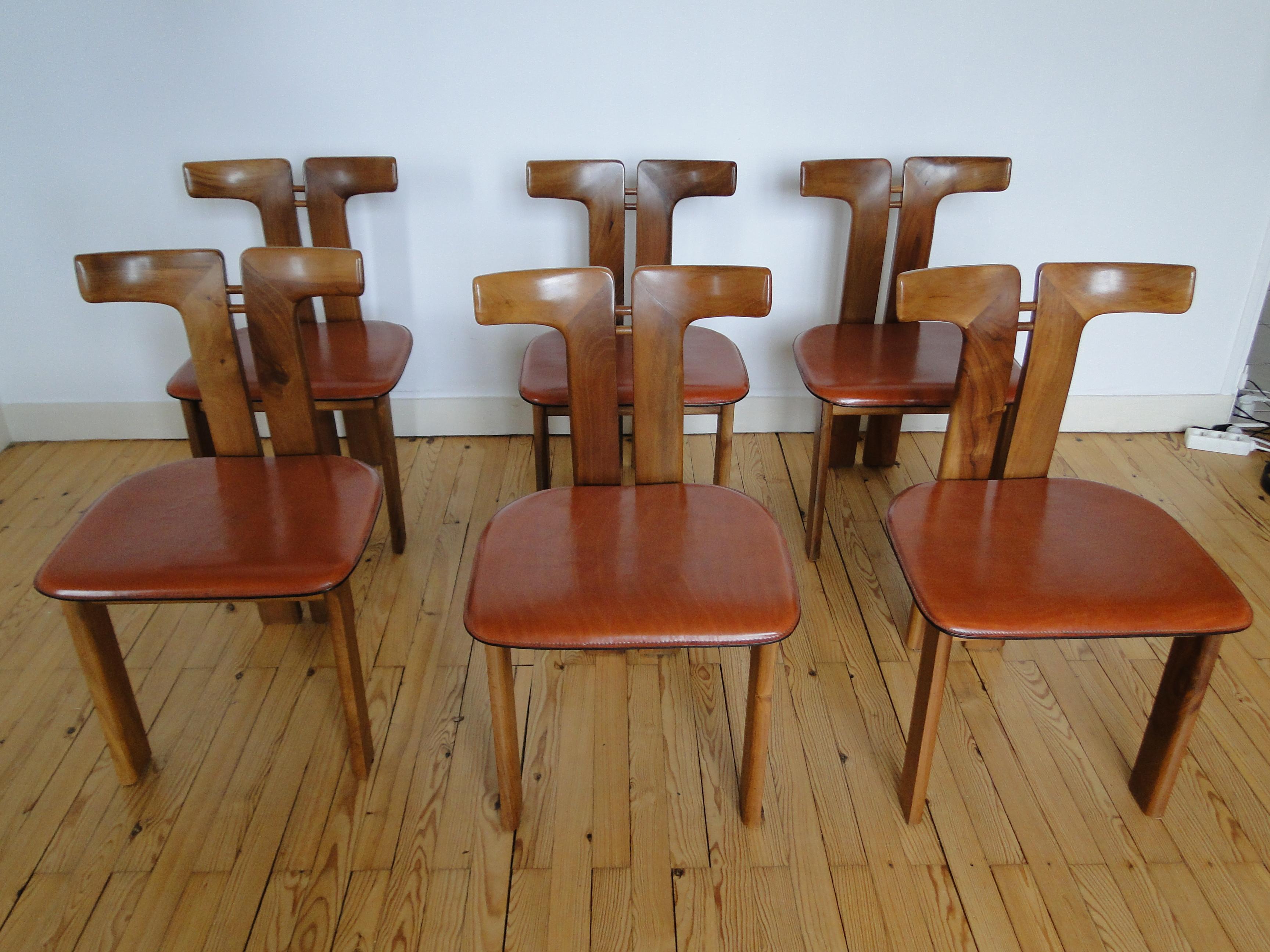 Pierre Cardin 6 Dining Chairs Chaises in Walnut and Leather  France 1