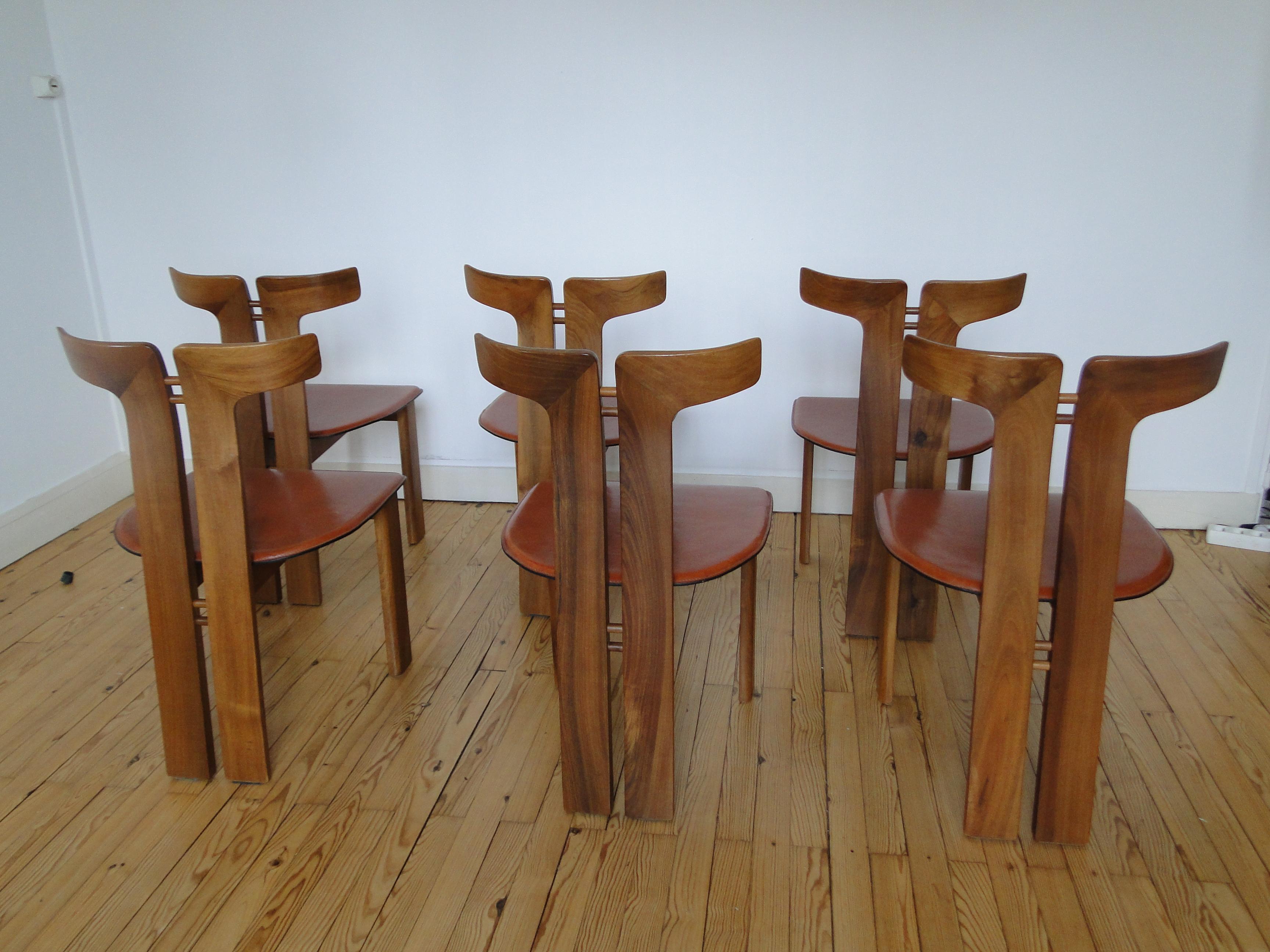 Pierre Cardin 6 Dining Chairs Chaises in Walnut and Leather  France 2