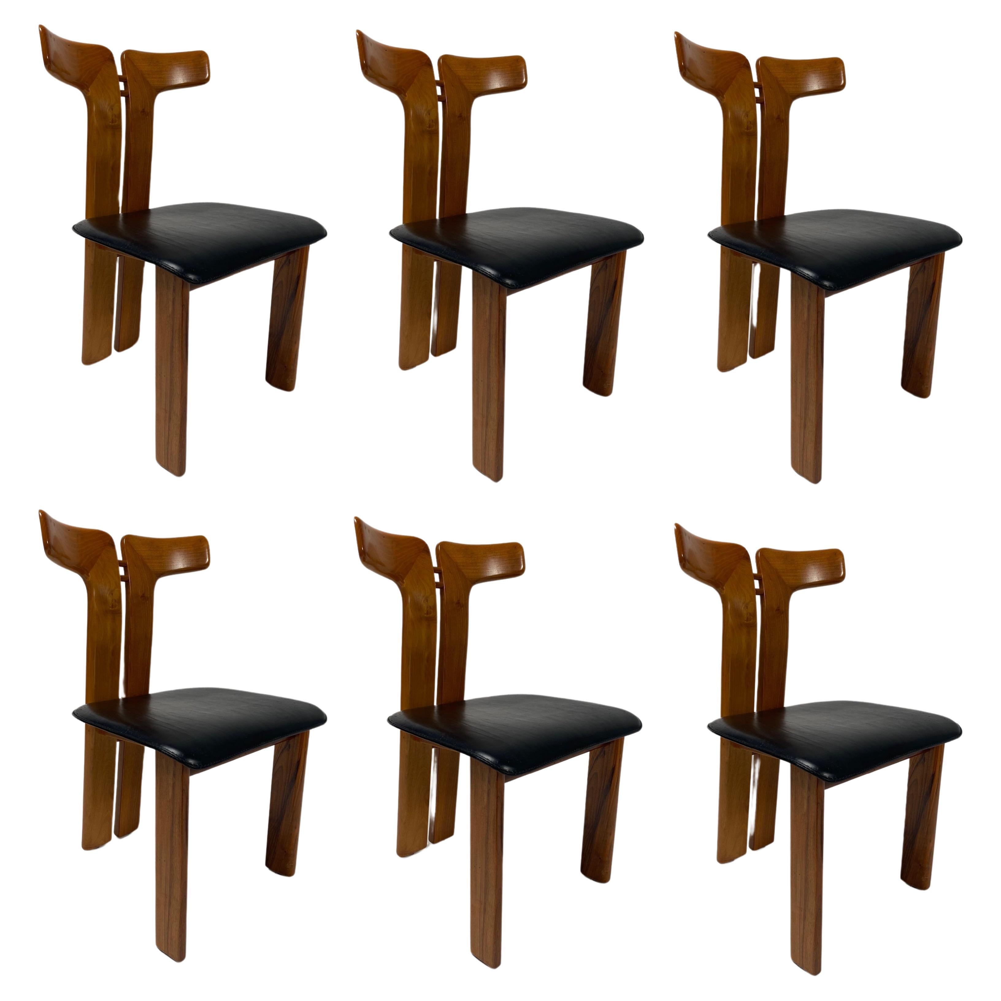 Pierre Cardin, 6 Dining Chairs in Walnut and Leather, 1970s For Sale