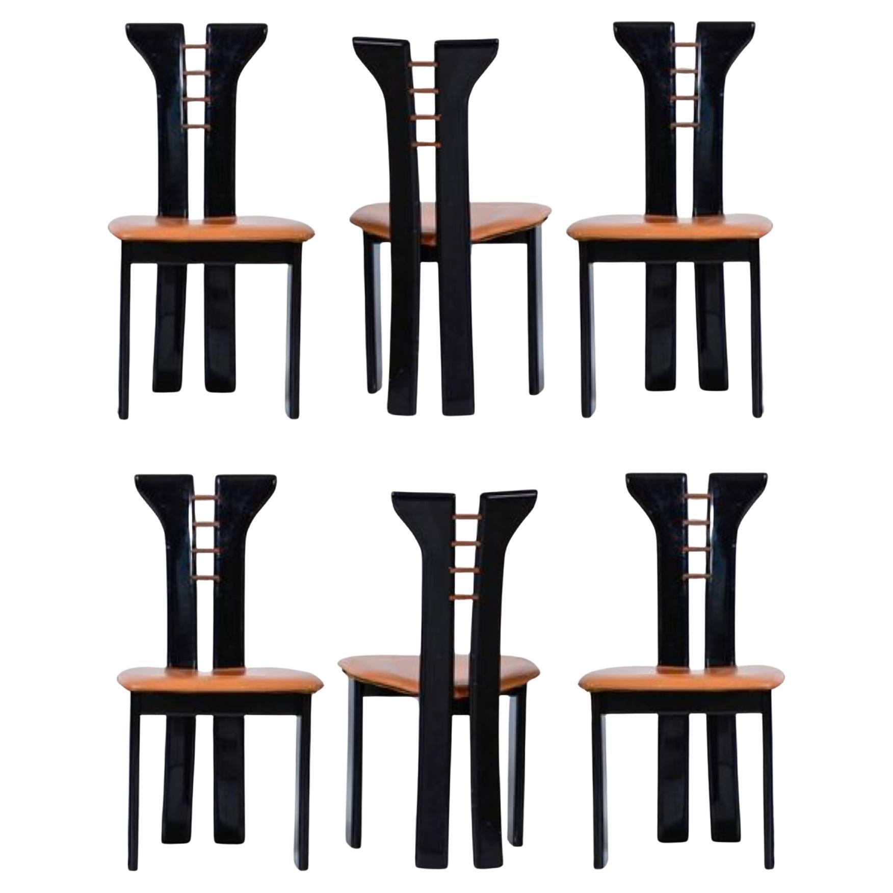 Pierre Cardin, 6 Dining Chairs in Walnut and Leather, 1970s