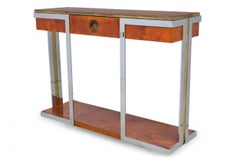 Pierre Cardin American Modern Burled Walnut, Chrome & Brass Console Table