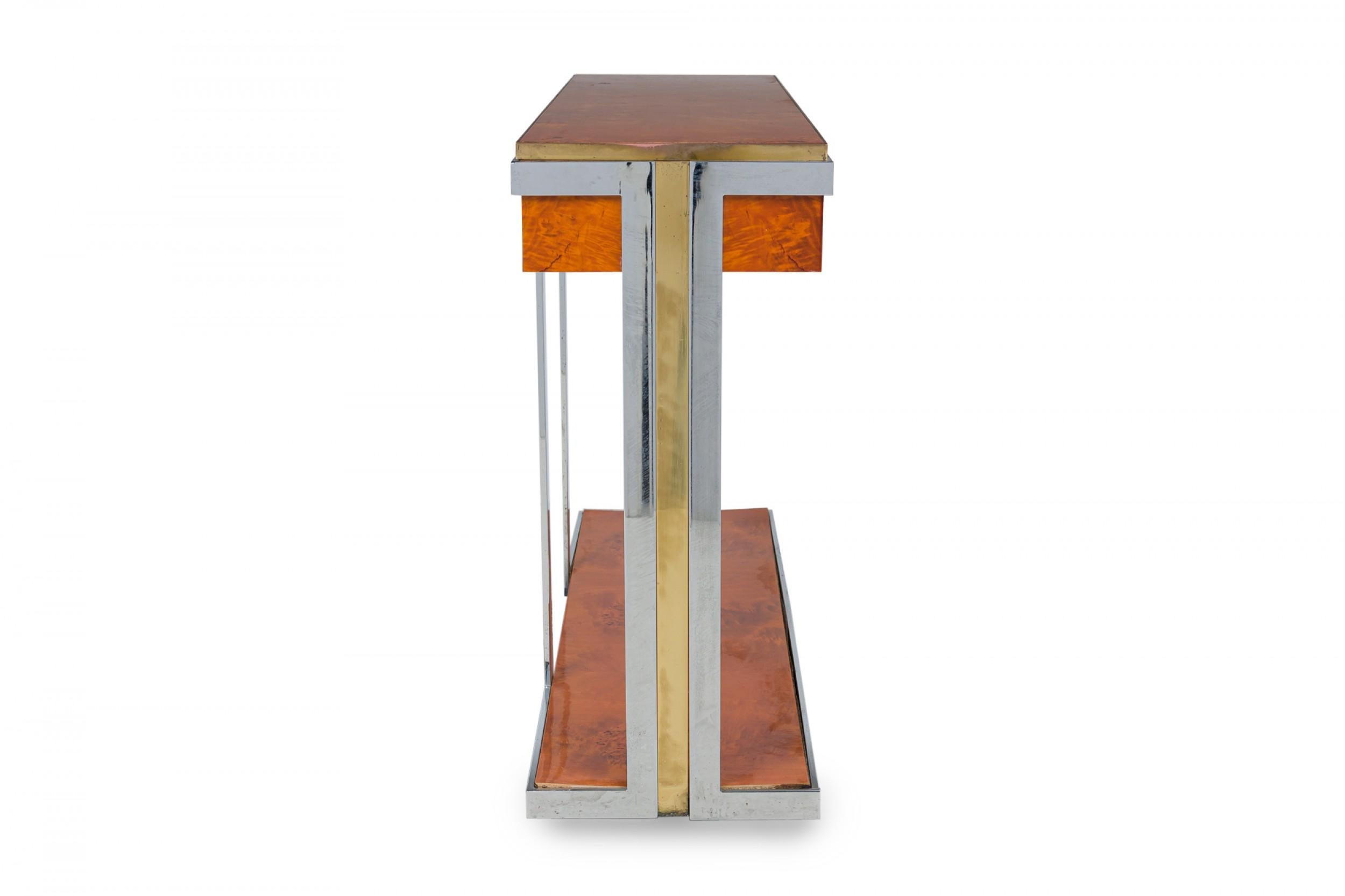 Mid-Century Modern Pierre Cardin American Modern Burled Walnut, Chrome & Brass Console Table For Sale