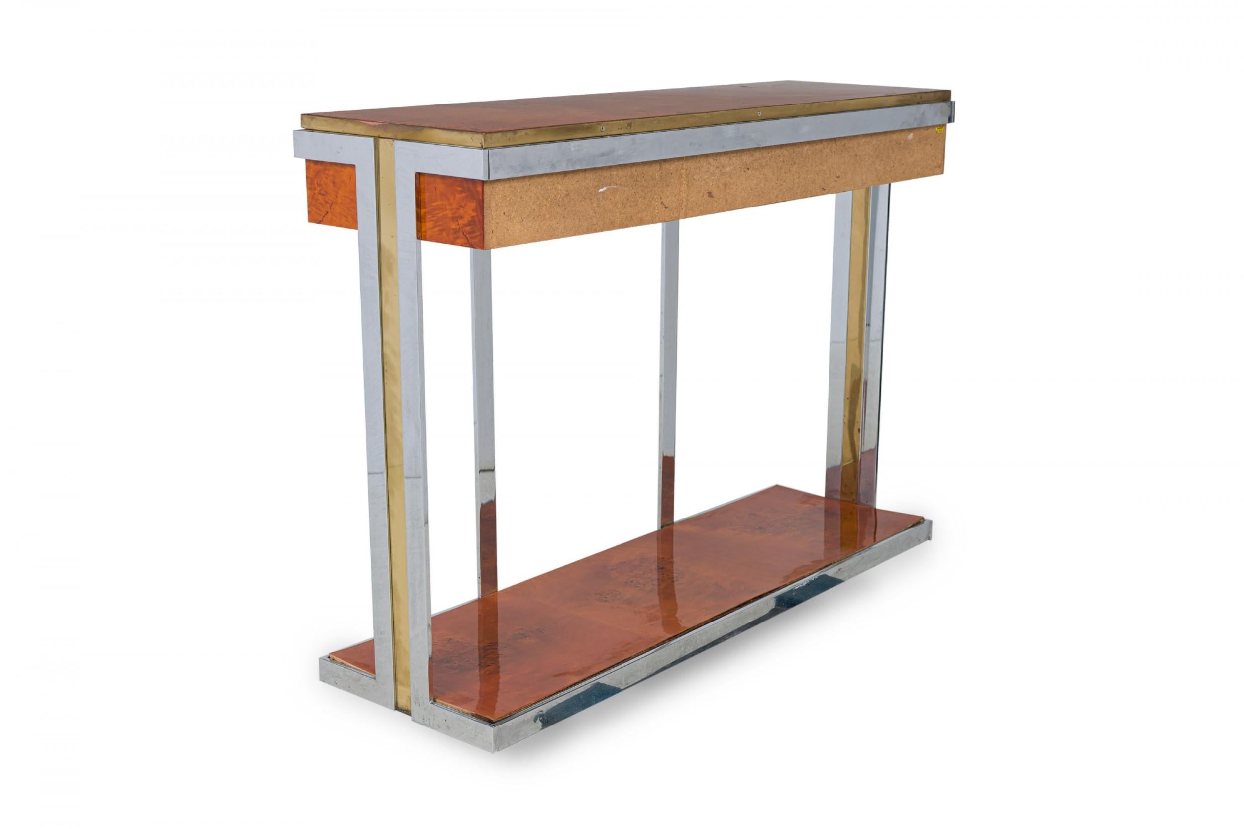 Inlay Pierre Cardin American Modern Burled Walnut, Chrome & Brass Console Table