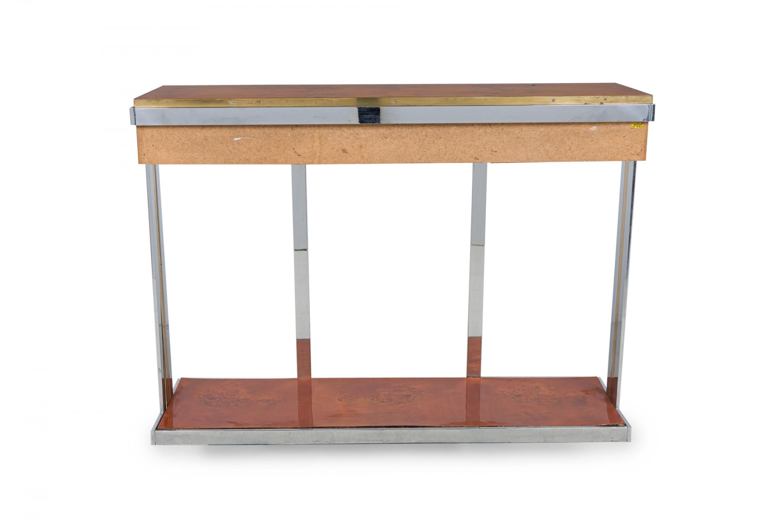 Pierre Cardin American Modern Burled Walnut, Chrome & Brass Console Table In Good Condition For Sale In New York, NY