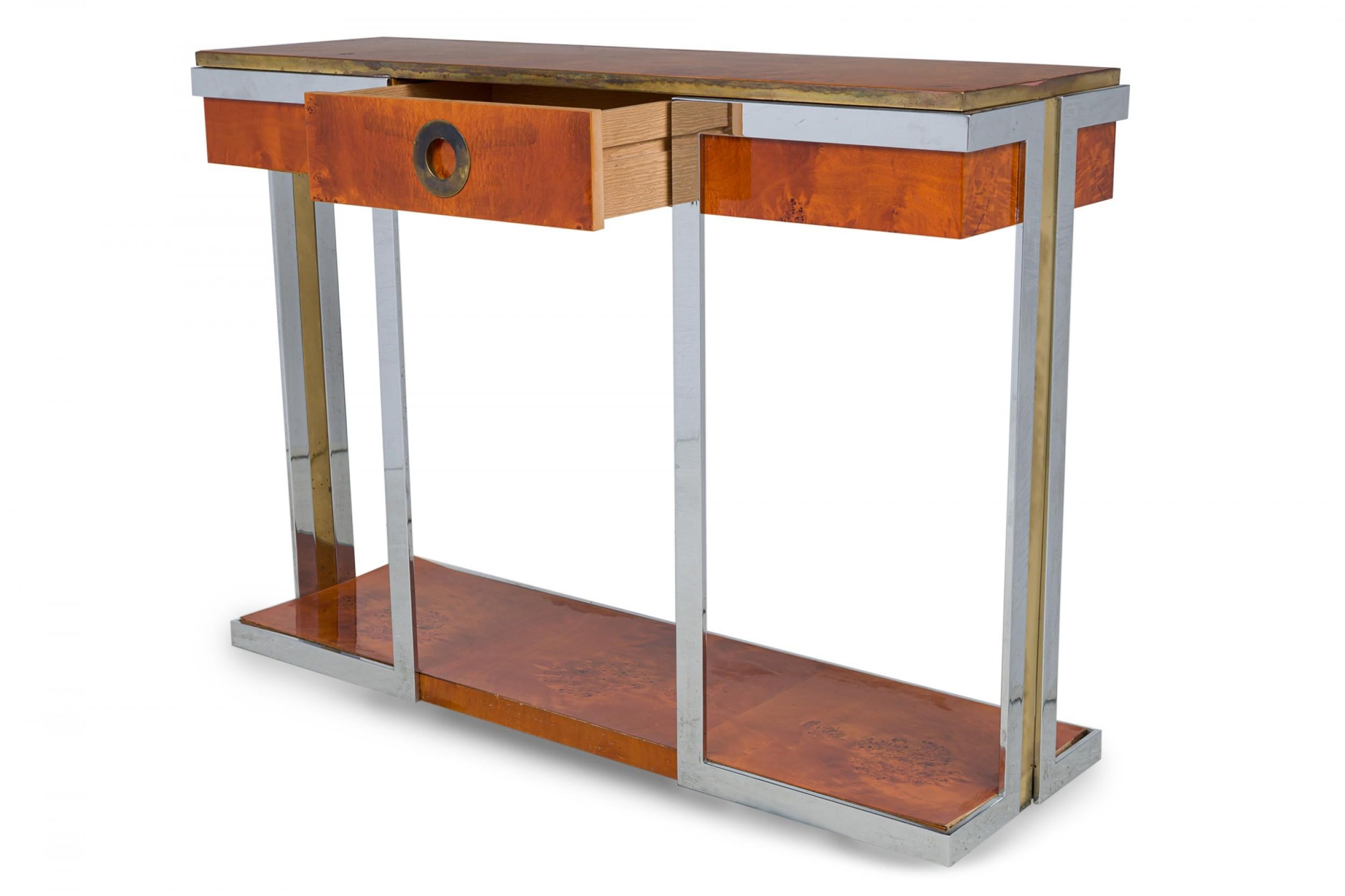 20th Century Pierre Cardin American Modern Burled Walnut, Chrome & Brass Console Table For Sale