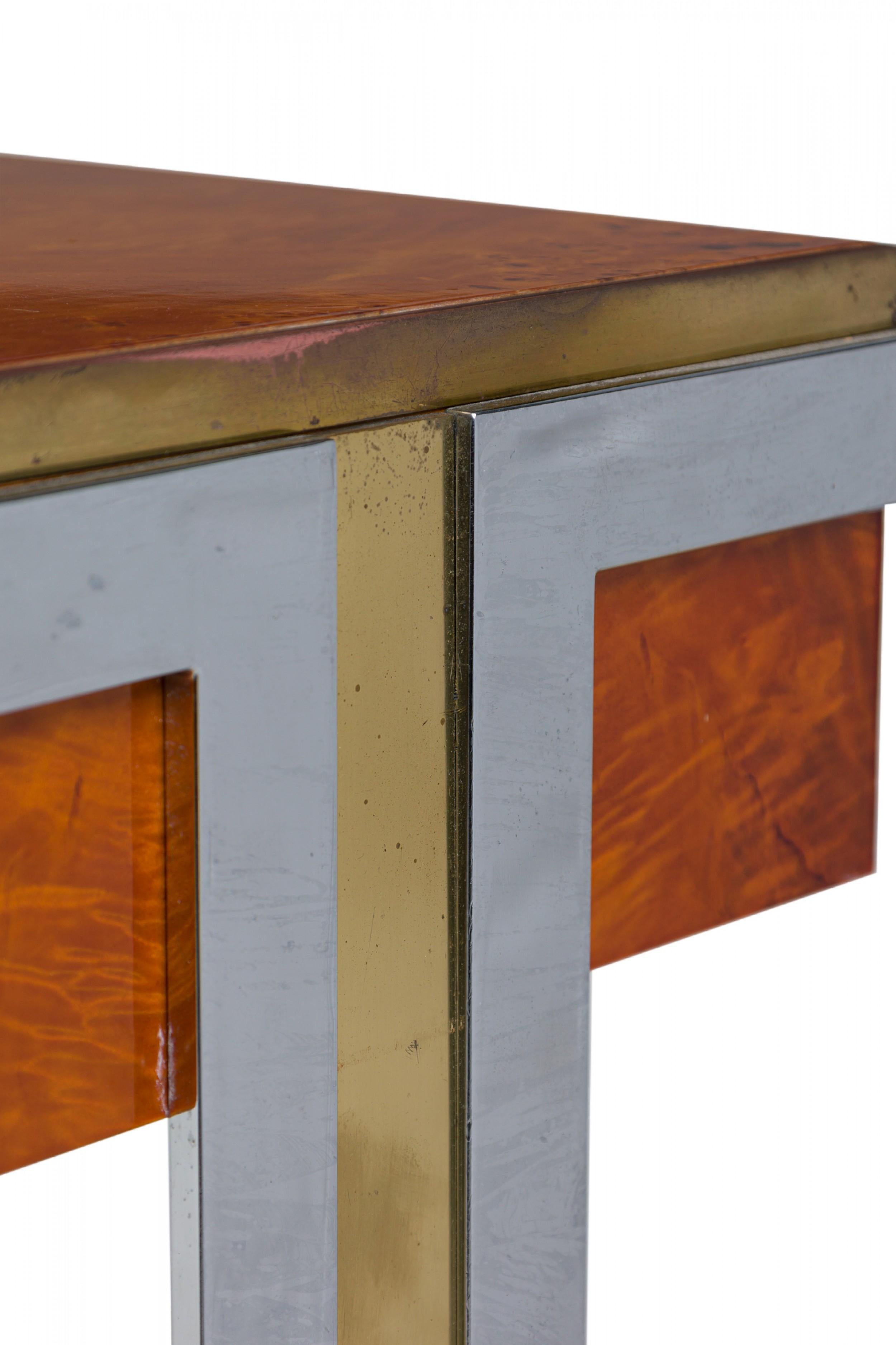 Pierre Cardin American Modern Burled Walnut, Chrome & Brass Console Table For Sale 1