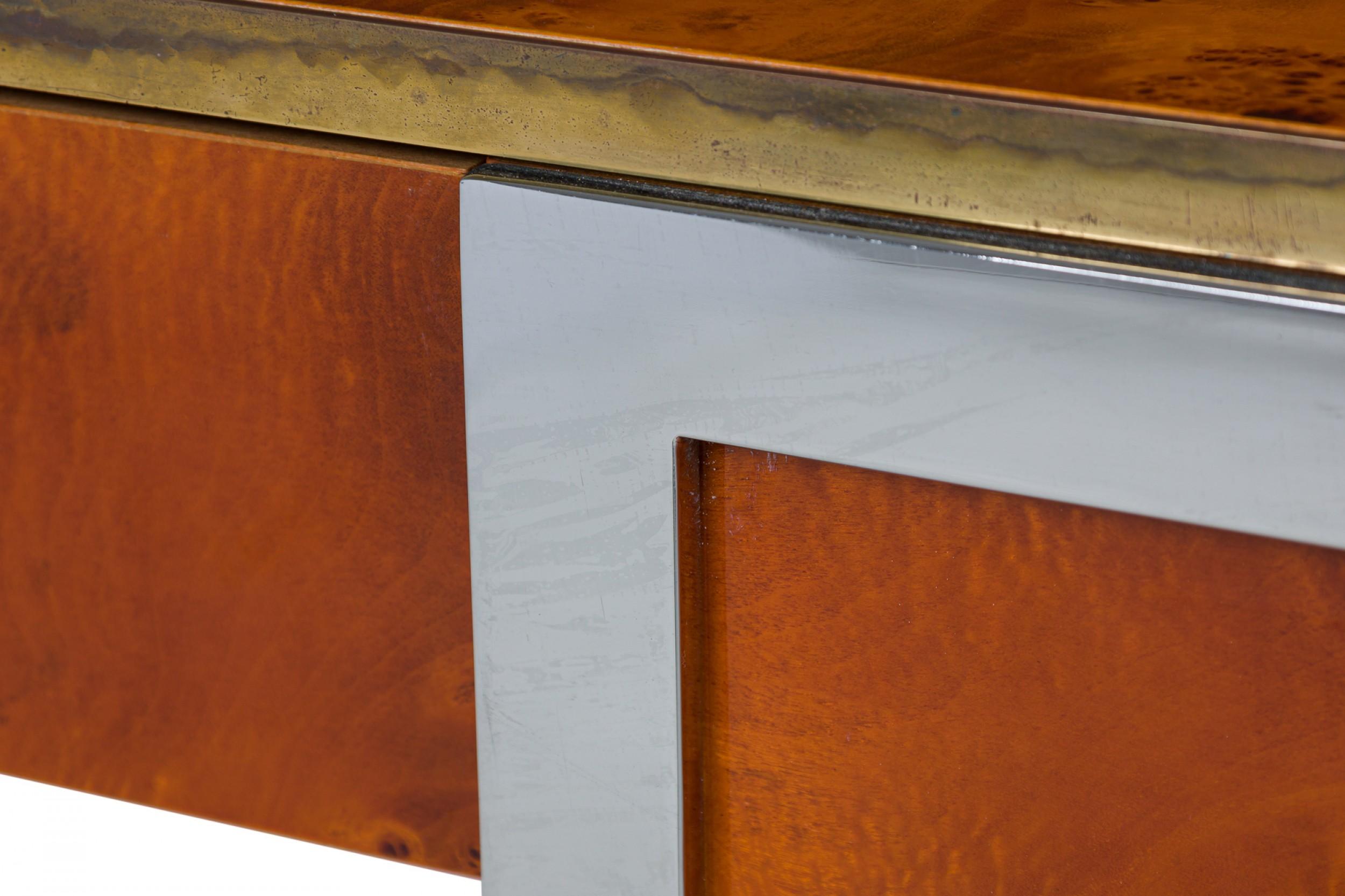 Pierre Cardin American Modern Burled Walnut, Chrome & Brass Console Table 2