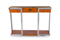 Pierre Cardin American Modern Burled Walnut, Chrome & Brass Console Table