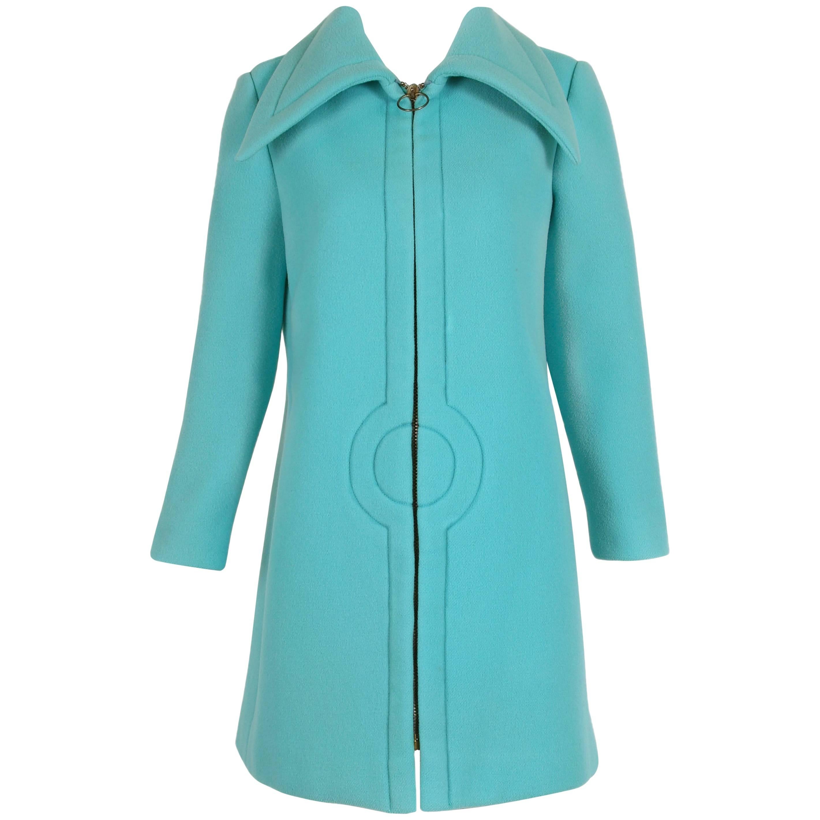 Pierre Cardin Aqua Blue Melton Wool Coat w/Space Age Mod Design Motif