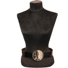 Pierre Cardin Black Belt W/ Stainless Steel Mid-Century Abstract Motif Buckle