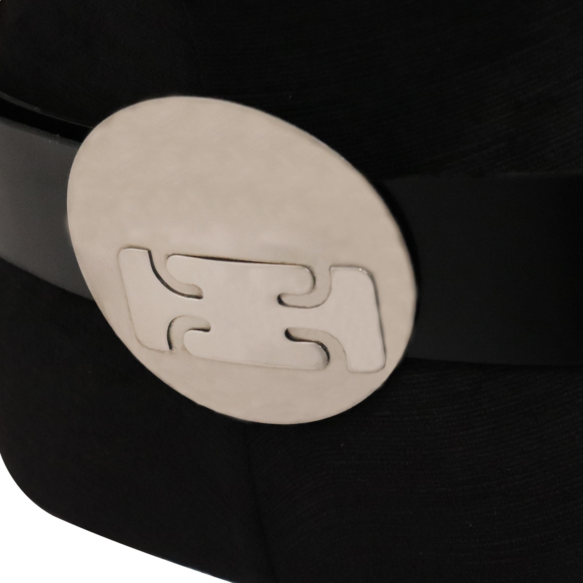 Women's Pierre Cardin Black Belt W/ Stainless Steel Mid-Century Abstract Motif Buckle For Sale