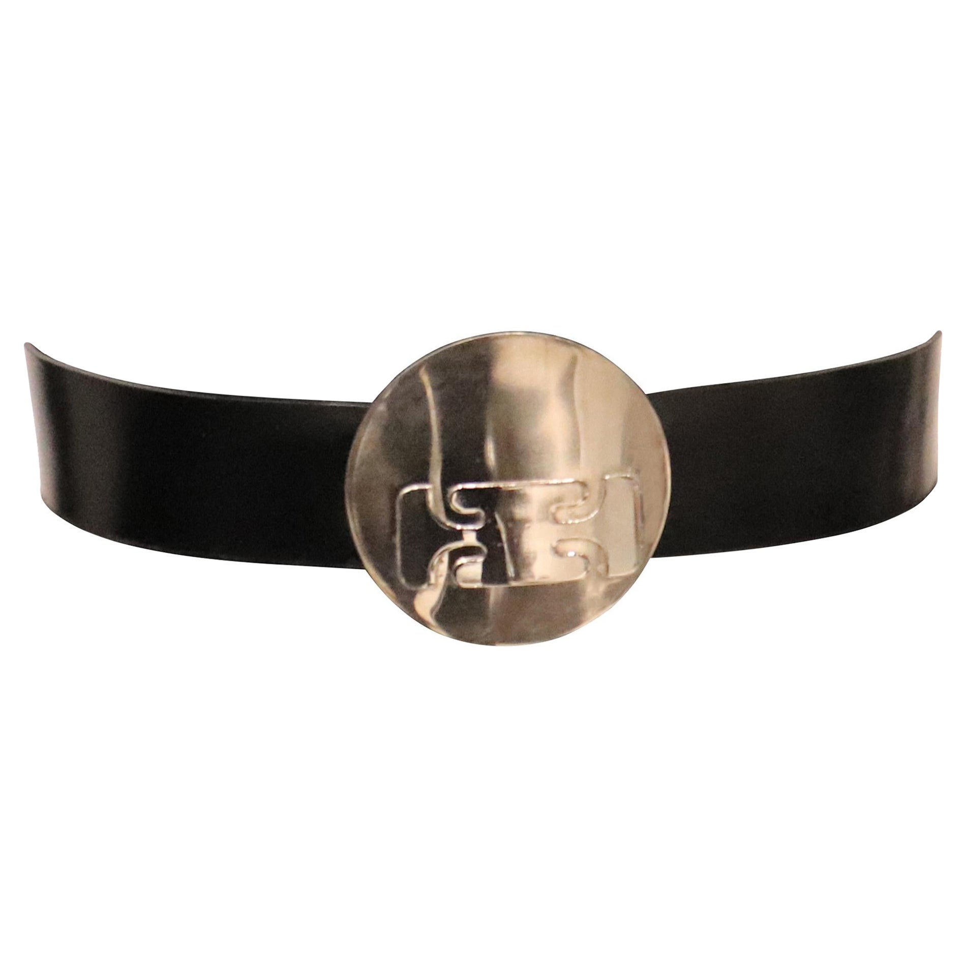 Pierre Cardin Black Belt W/ Stainless Steel Mid-Century Abstract Motif Buckle For Sale
