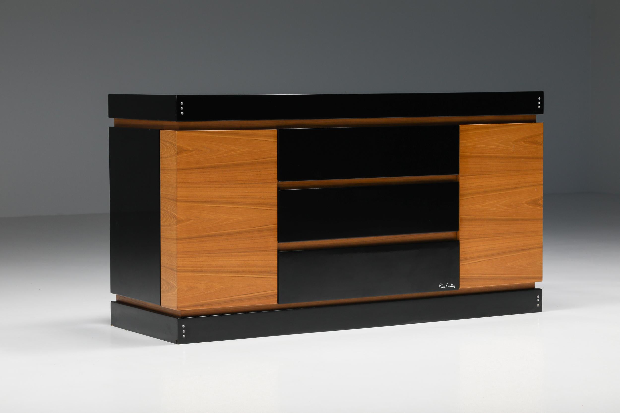 Post-Modern Pierre Cardin Black Lacquer and Teak Drawer Cabinet, Postmodern Credenza, 1970's For Sale
