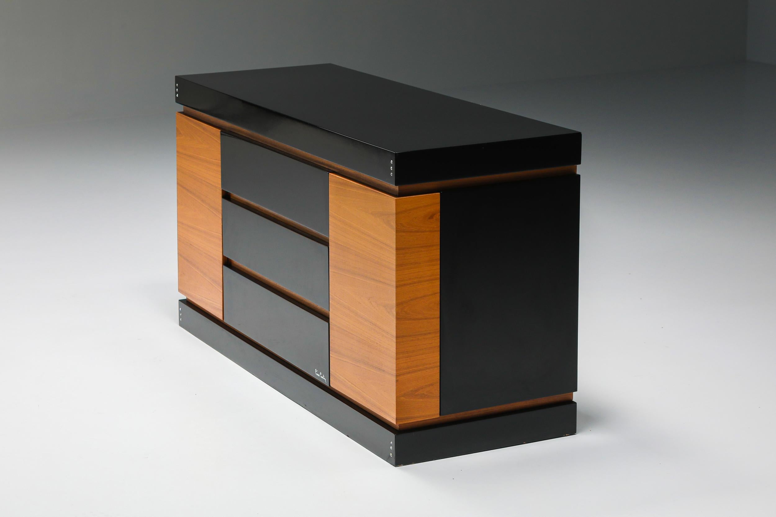 French Pierre Cardin Black Lacquer and Teak Drawer Cabinet, Postmodern Credenza, 1970's For Sale