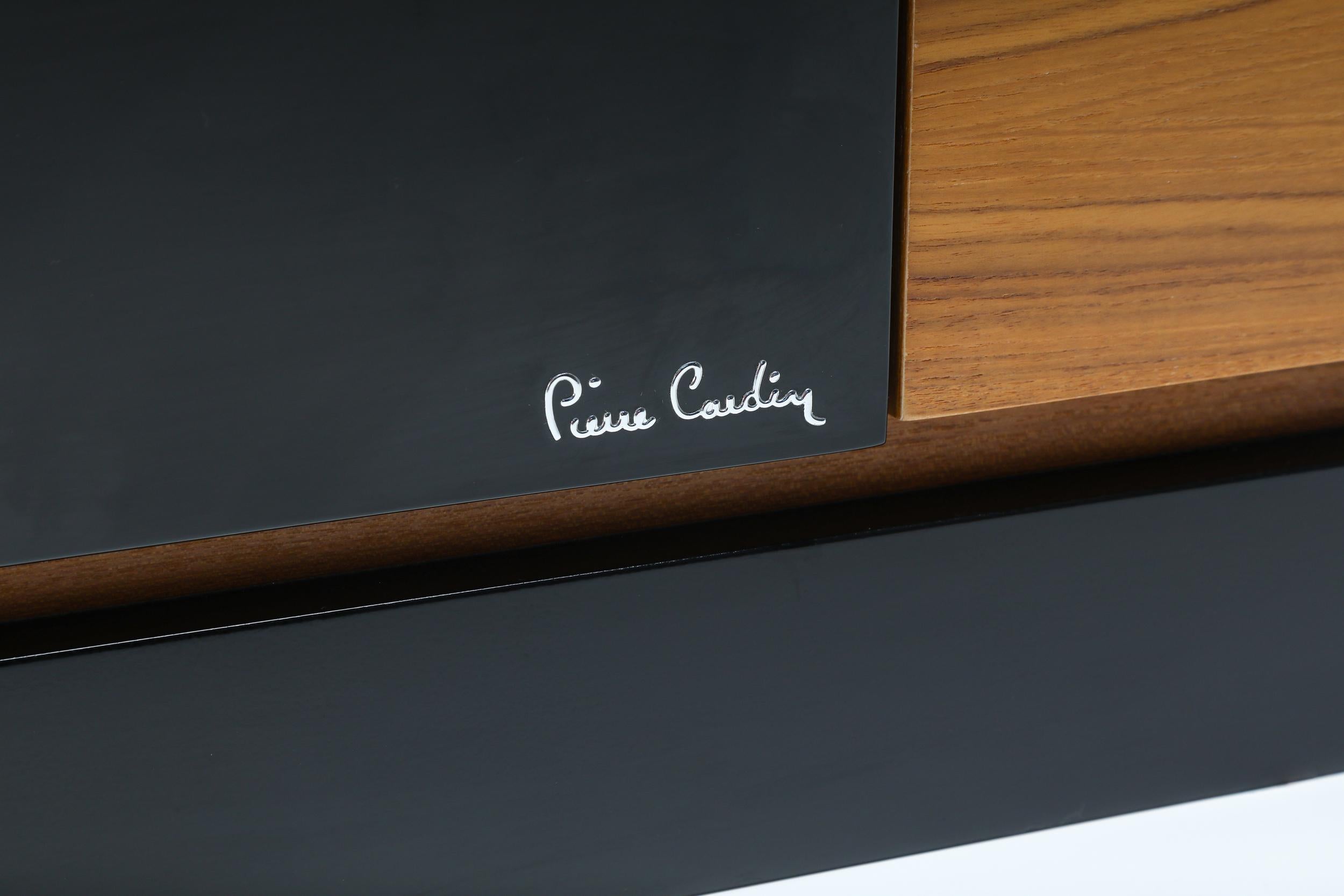 Late 20th Century Pierre Cardin Black Lacquer and Teak Drawer Cabinet, Postmodern Credenza, 1970's For Sale