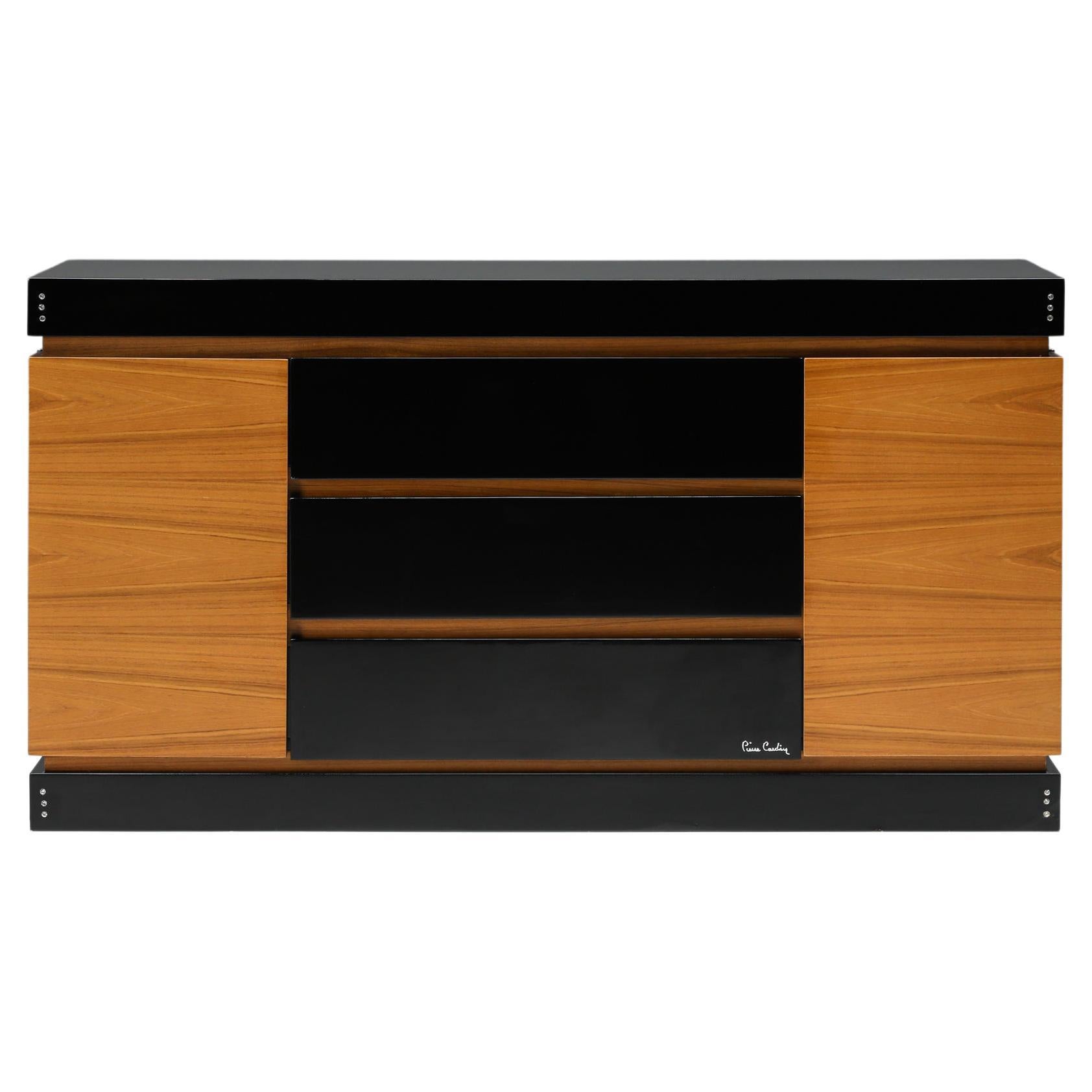 Pierre Cardin Black Lacquer and Teak Drawer Cabinet, Postmodern Credenza, 1970's For Sale