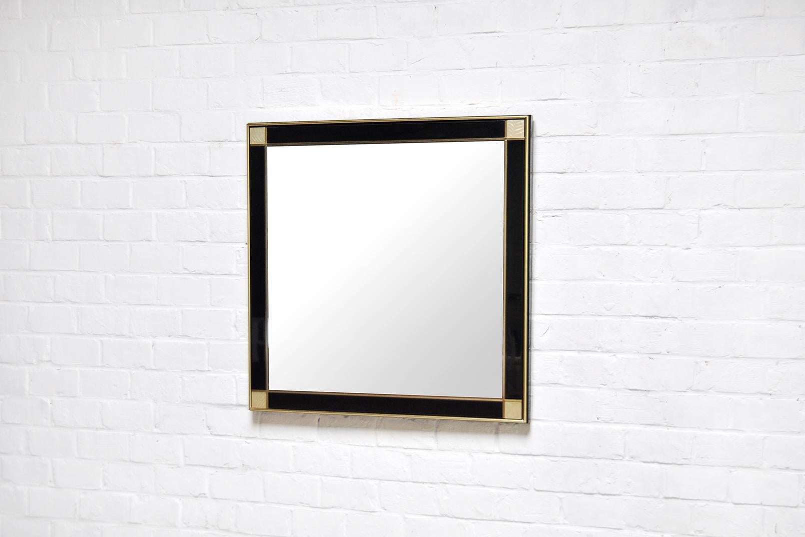 Hollywood Regency Pierre Cardin Black Lacquered Mirror with Brass Details, 1980s