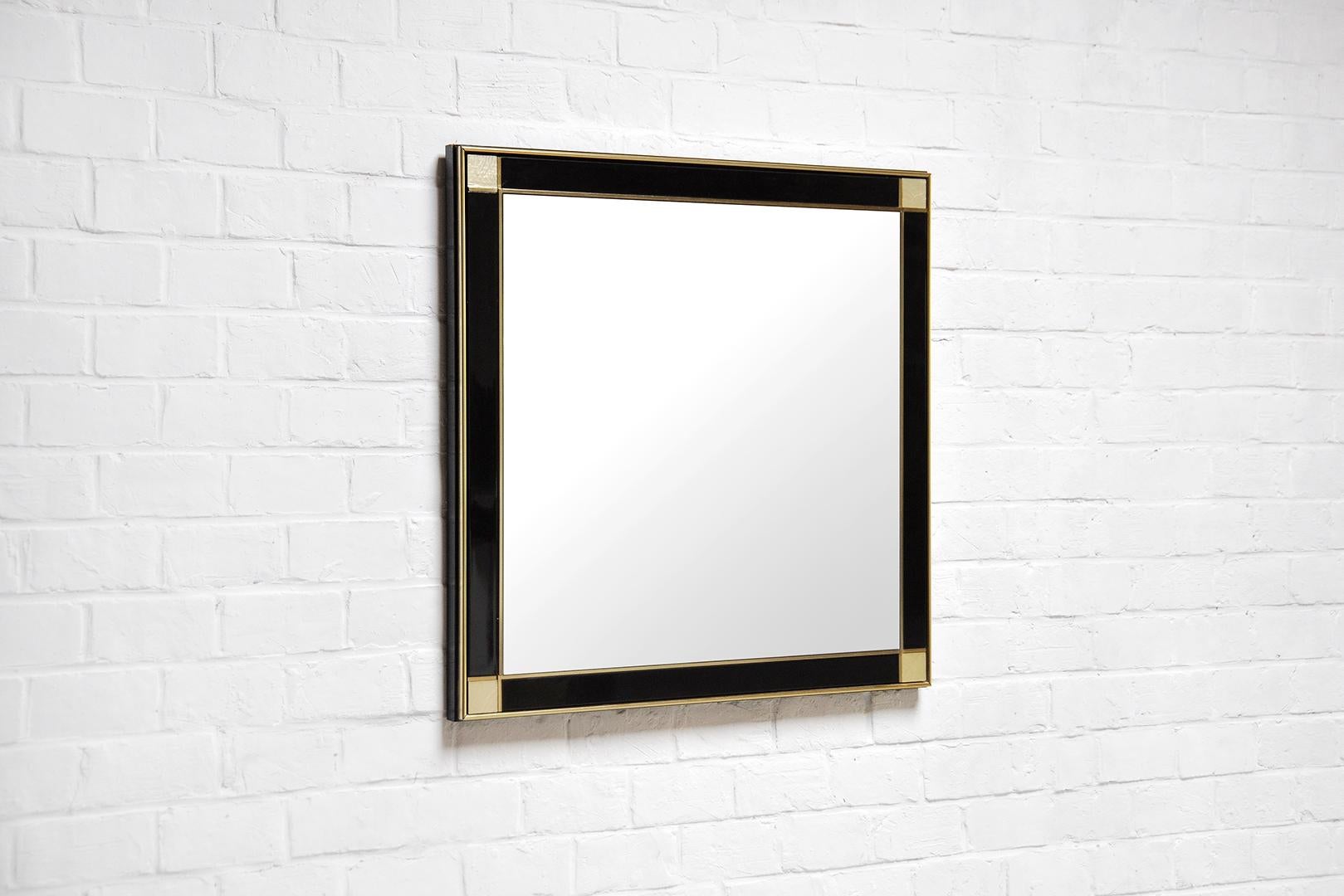 French Pierre Cardin Black Lacquered Mirror with Brass Details, 1980s