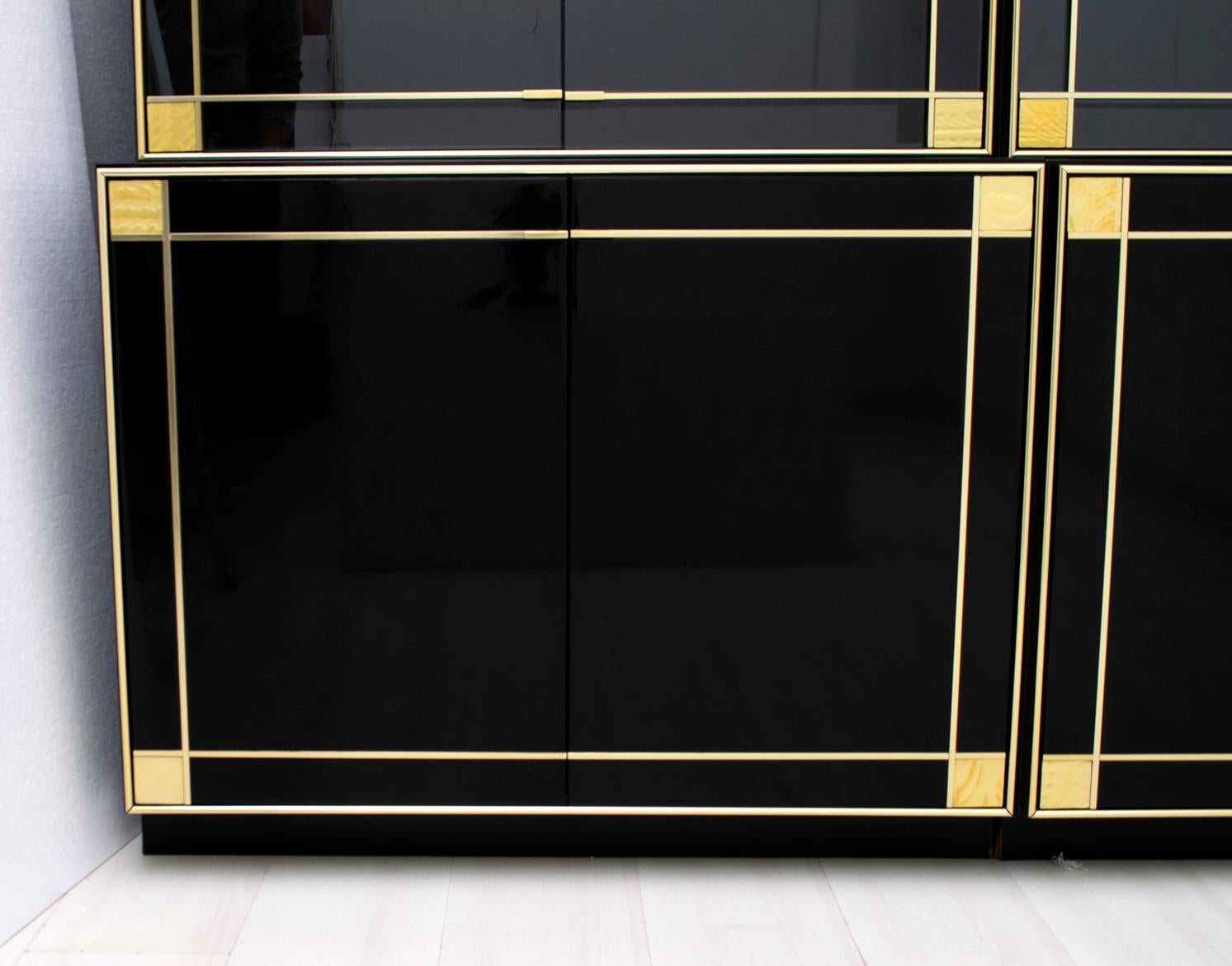 Pierre Cardin Black Lacquered Sideboard Bar Cabinet with Brass Details, 1980s 3