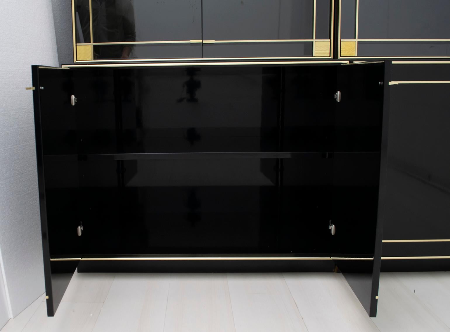 Pierre Cardin Black Lacquered Sideboard Bar Cabinet with Brass Details, 1980s 4
