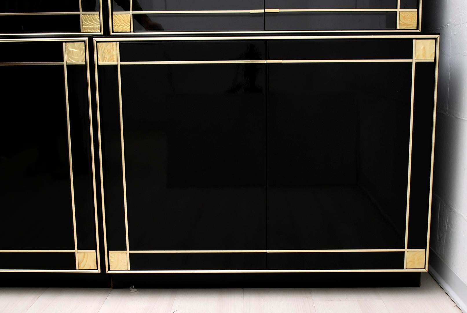 Pierre Cardin Black Lacquered Sideboard Bar Cabinet with Brass Details, 1980s 5