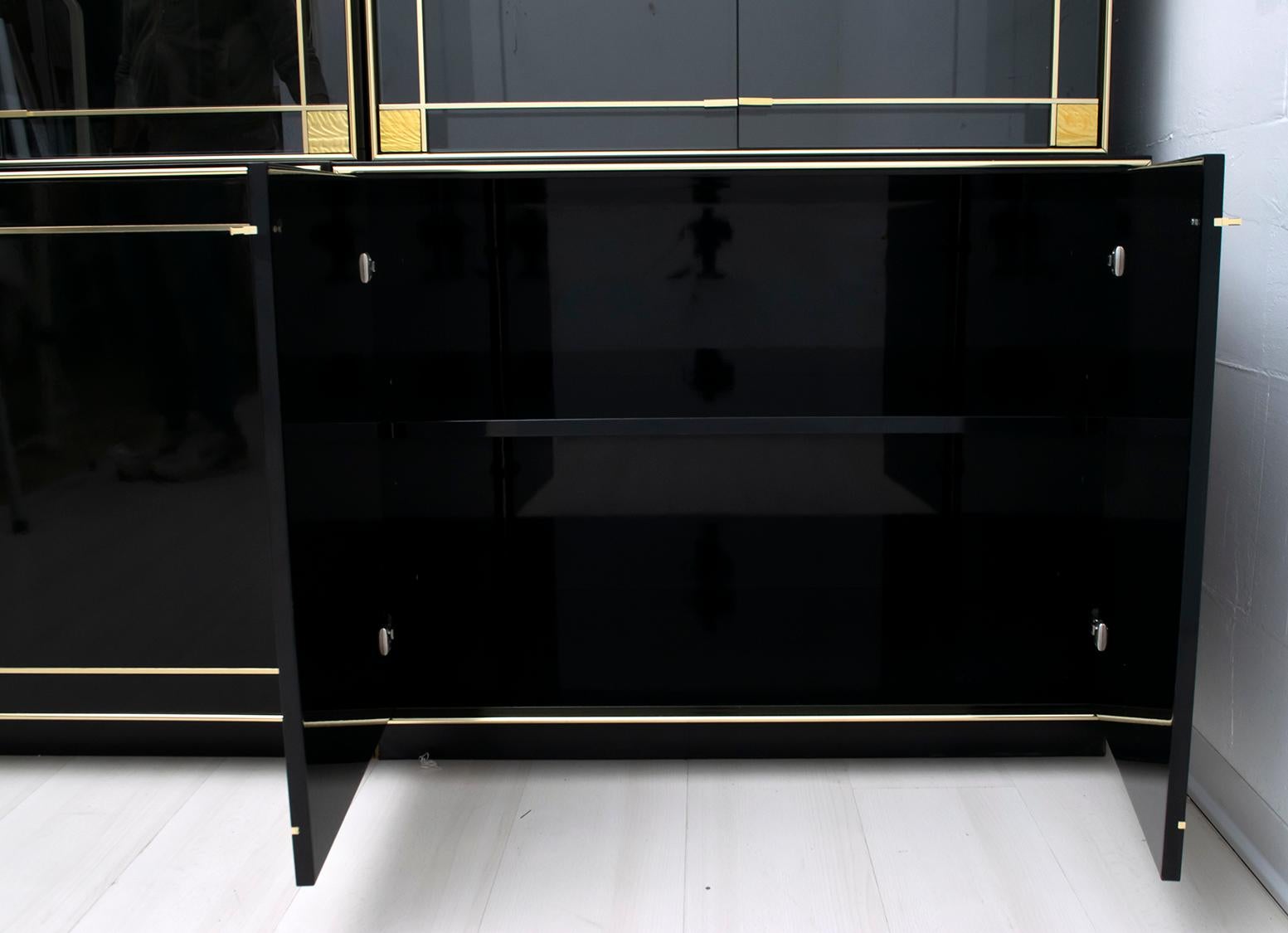 Pierre Cardin Black Lacquered Sideboard Bar Cabinet with Brass Details, 1980s 6