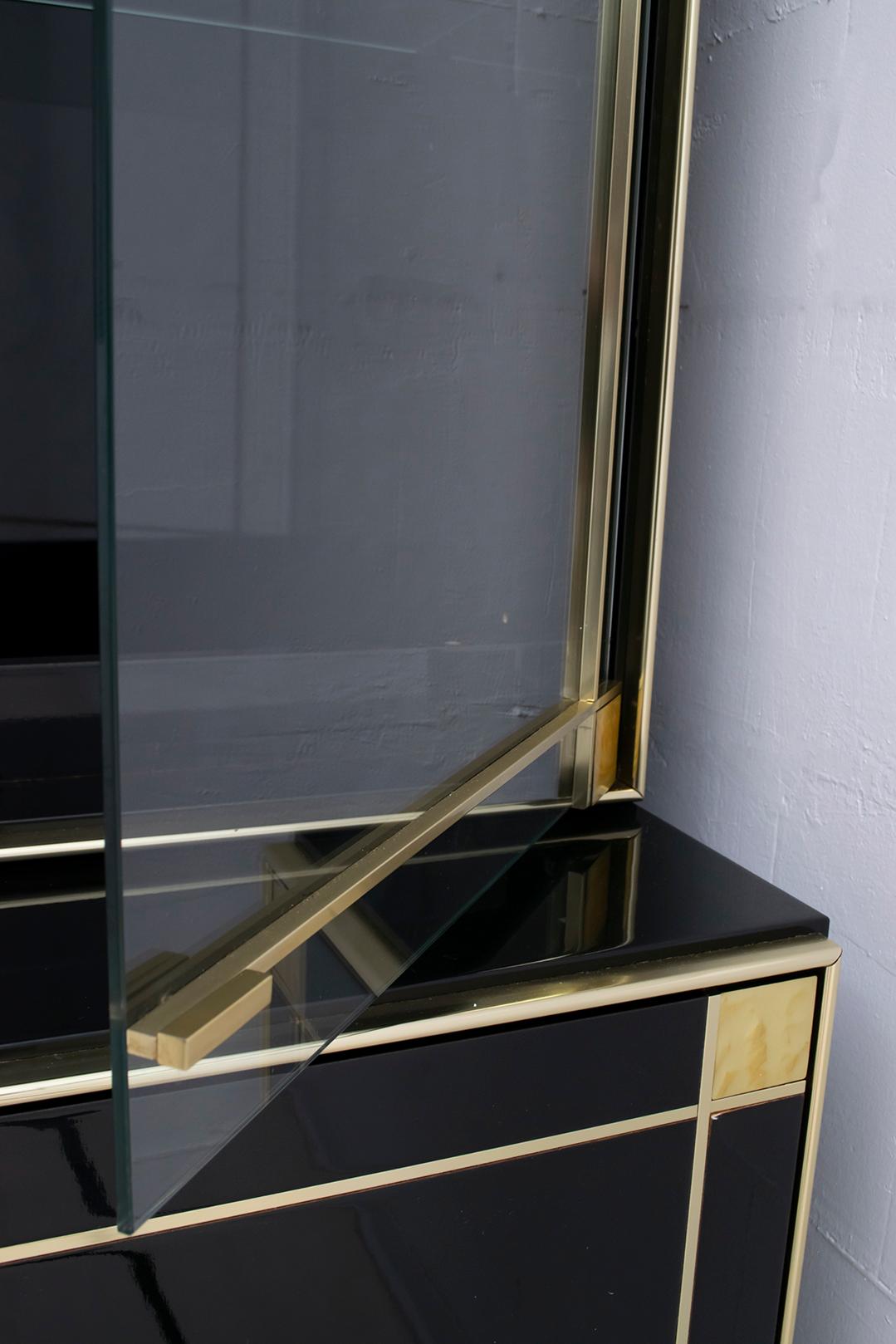 Pierre Cardin Black Lacquered Sideboard Bar Cabinet with Brass Details, 1980s 8