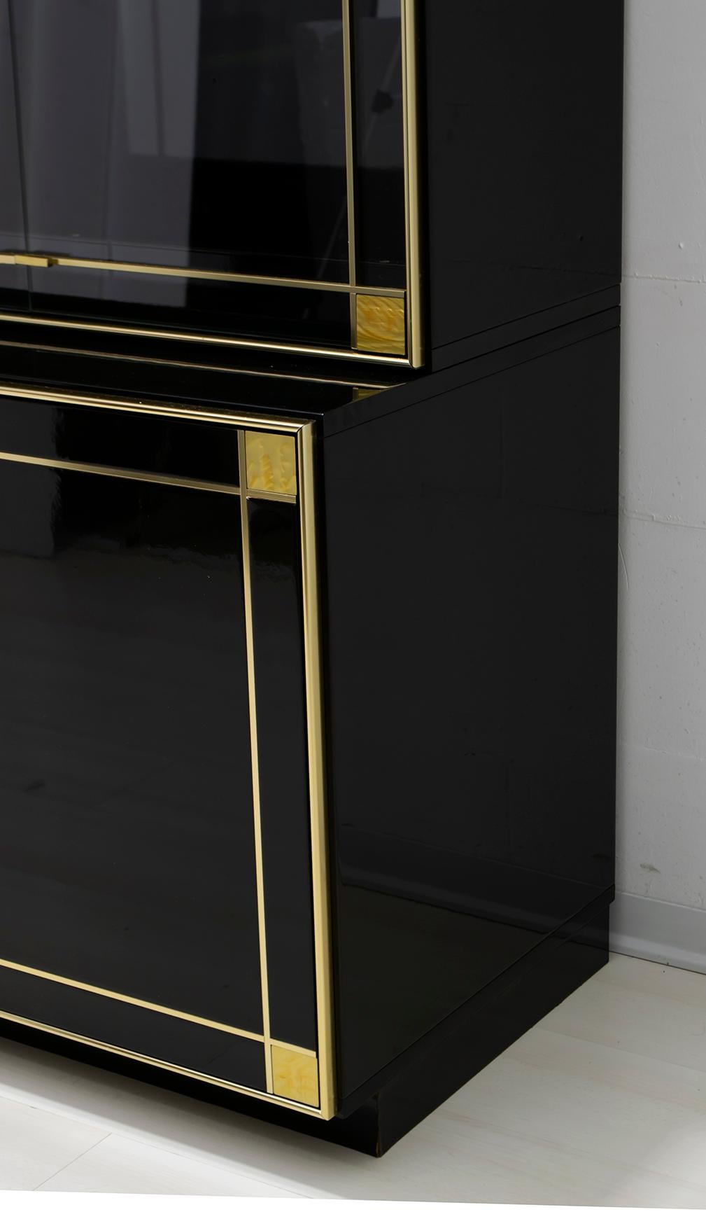Pierre Cardin Black Lacquered Sideboard Bar Cabinet with Brass Details, 1980s 13