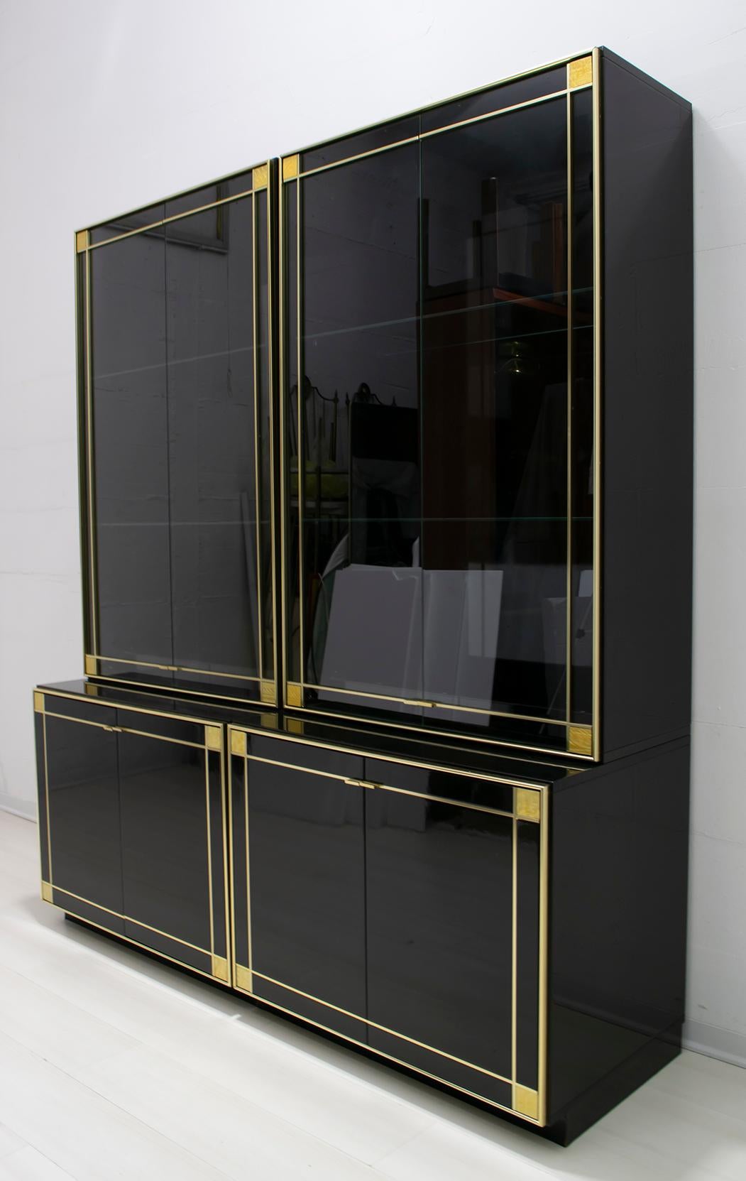 Hollywood Regency Pierre Cardin Black Lacquered Sideboard Bar Cabinet with Brass Details, 1980s