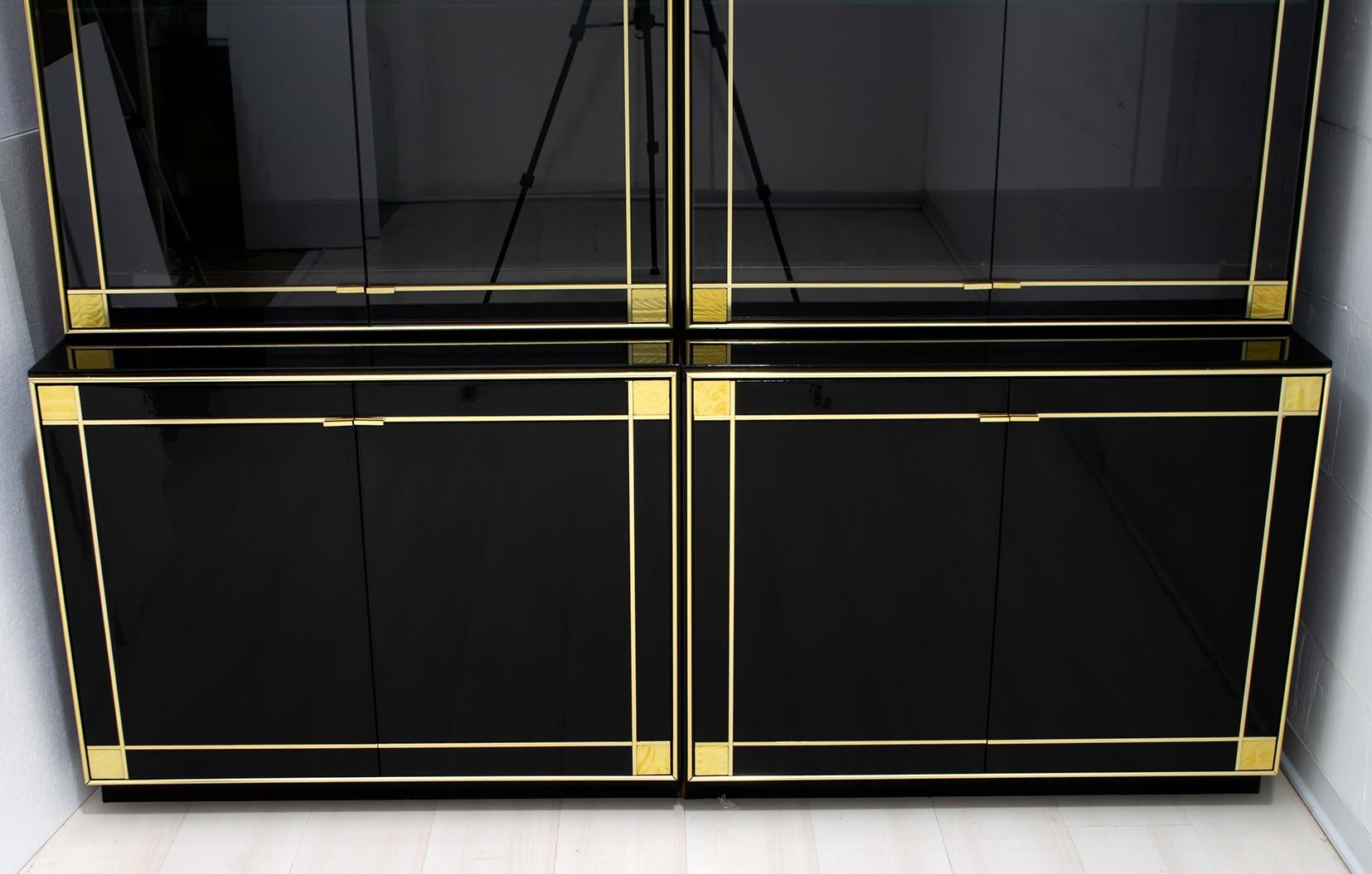 French Pierre Cardin Black Lacquered Sideboard Bar Cabinet with Brass Details, 1980s