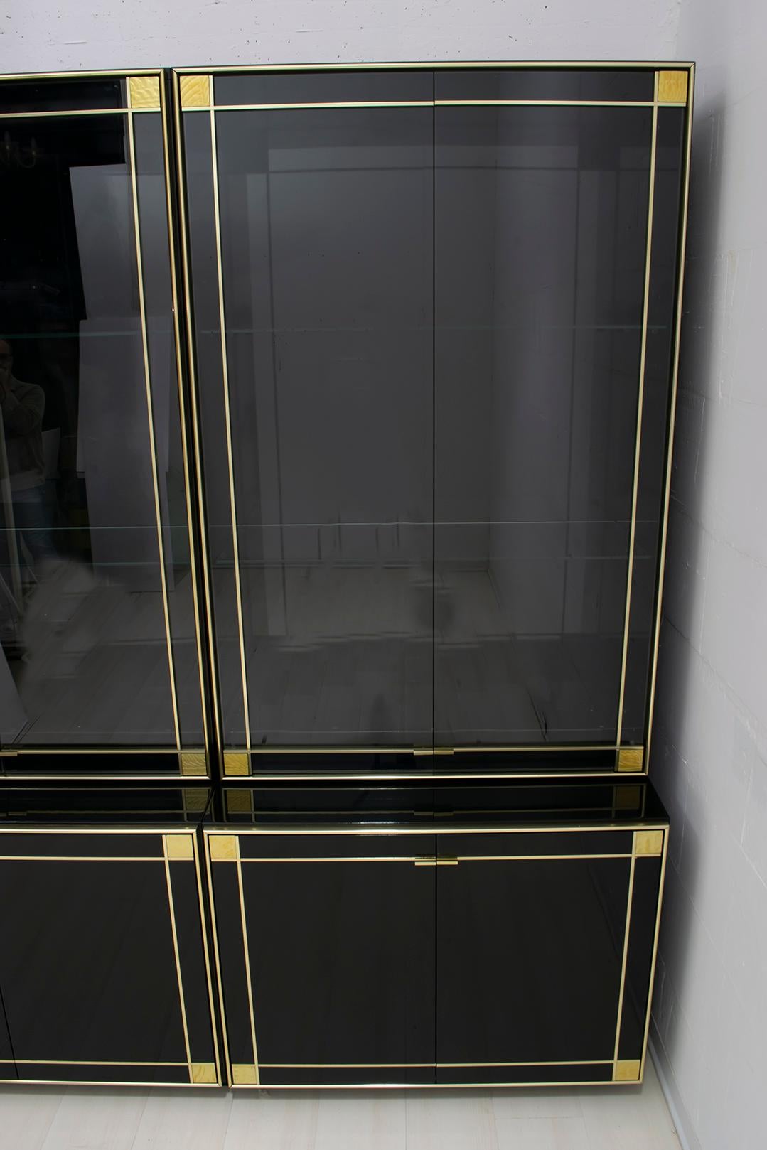 Late 20th Century Pierre Cardin Black Lacquered Sideboard Bar Cabinet with Brass Details, 1980s