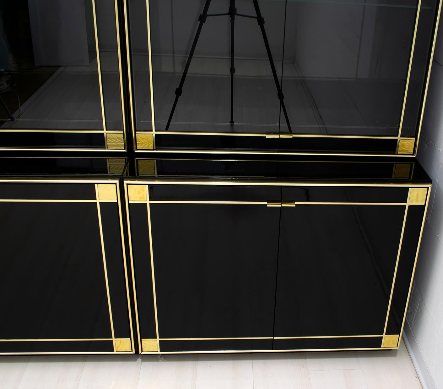Crystal Pierre Cardin Black Lacquered Sideboard Bar Cabinet with Brass Details, 1980s