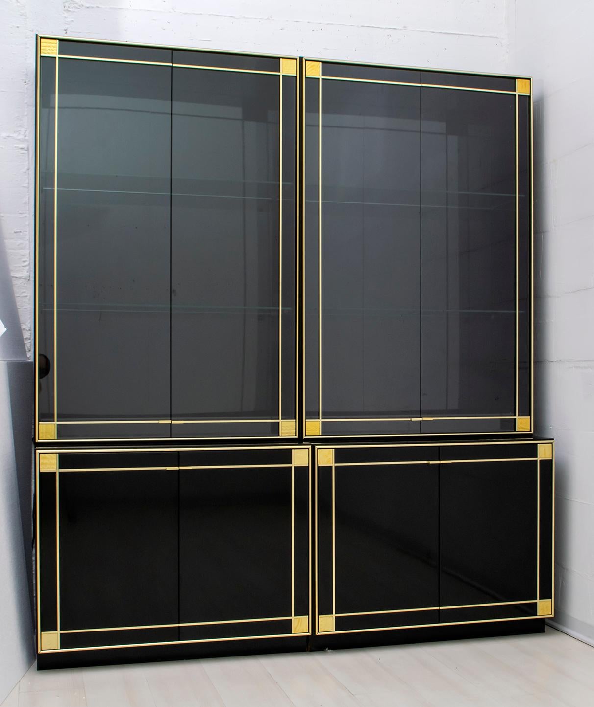 Pierre Cardin Black Lacquered Sideboard Bar Cabinet with Brass Details, 1980s 1