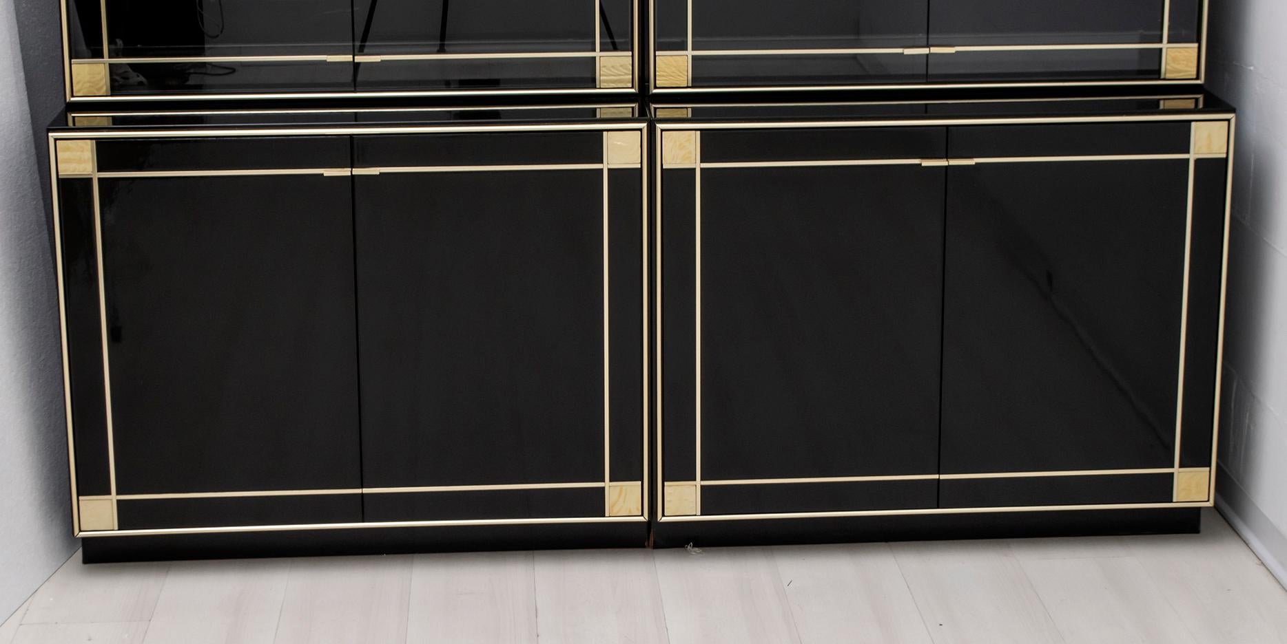Pierre Cardin Black Lacquered Sideboard Bar Cabinet with Brass Details, 1980s 2