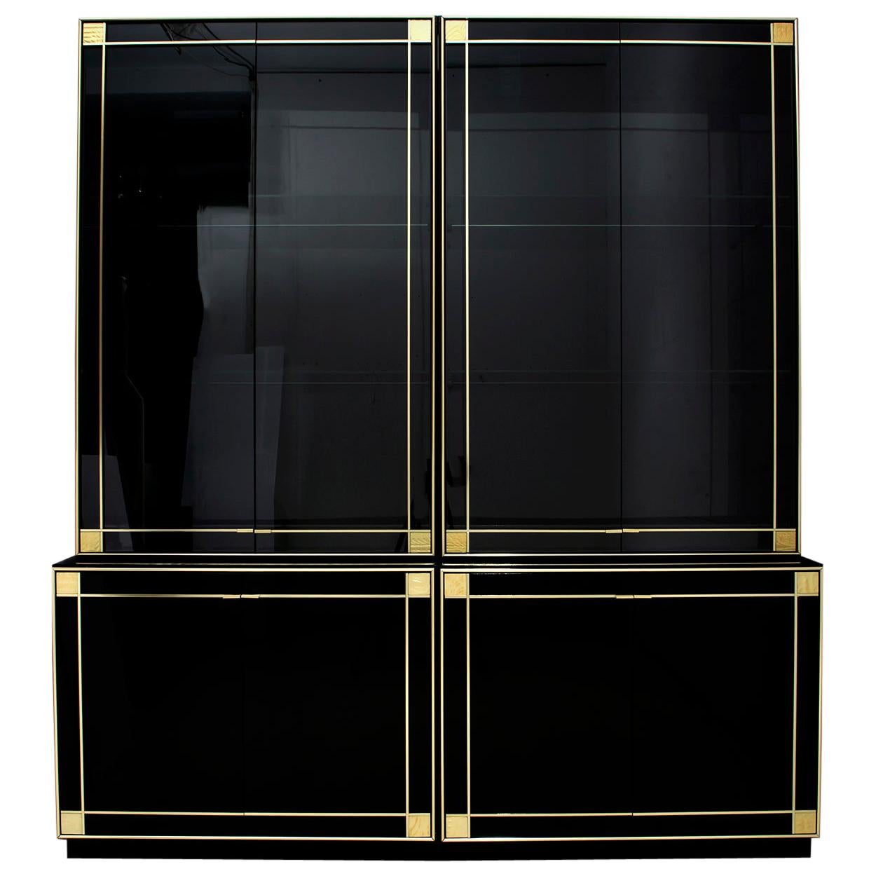 Pierre Cardin Black Lacquered Sideboard Bar Cabinet with Brass Details, 1980s
