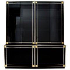 Pierre Cardin Black Lacquered Sideboard Bar Cabinet with Brass Details, 1980s