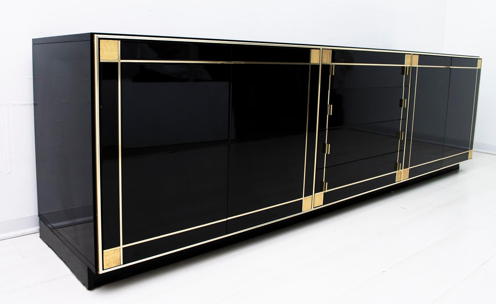 Pierre Cardin Black Lacquered Sideboard with Brass Details, 1980s 4