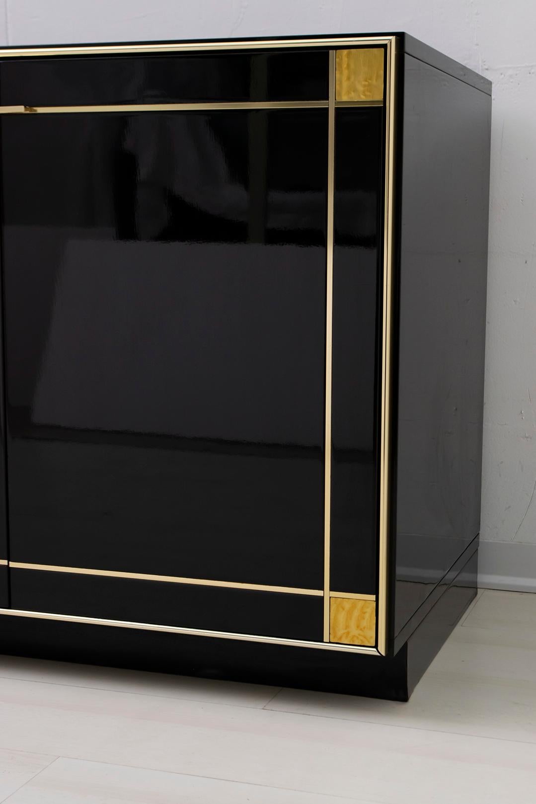Pierre Cardin Black Lacquered Sideboard with Brass Details, 1980s 8