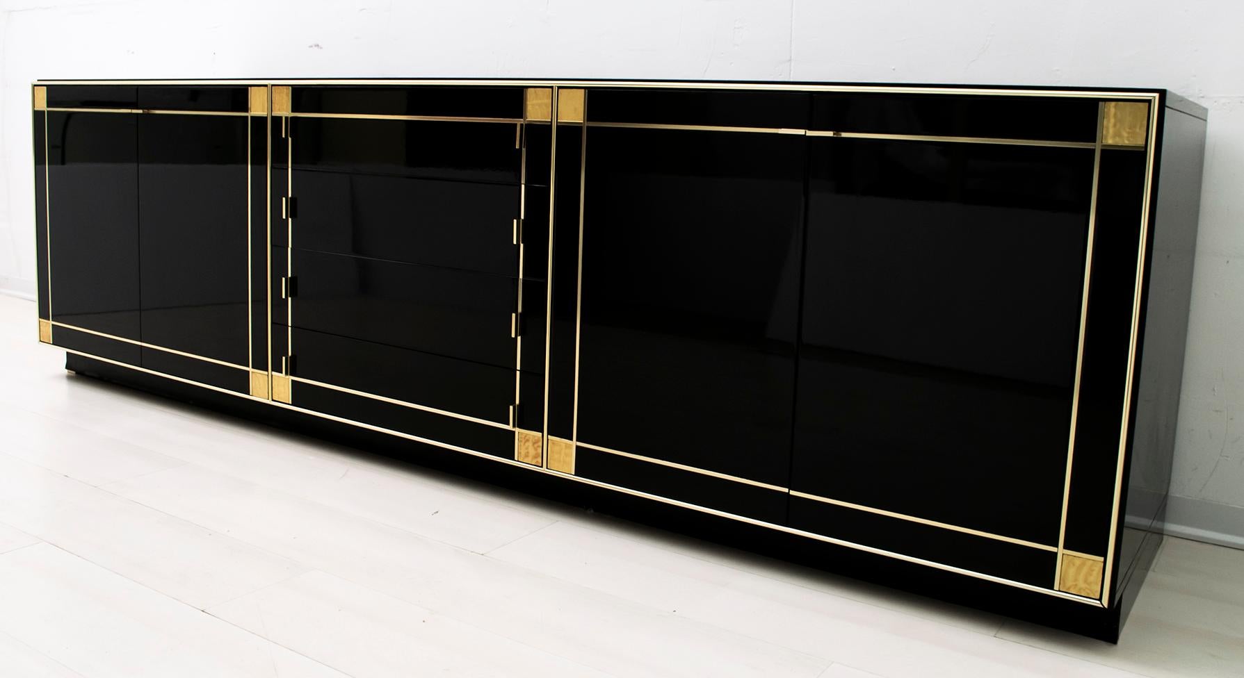 Pierre Cardin Black Lacquered Sideboard with Brass Details, 1980s 9