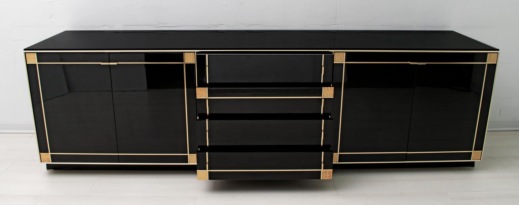 Hollywood Regency Pierre Cardin Black Lacquered Sideboard with Brass Details, 1980s