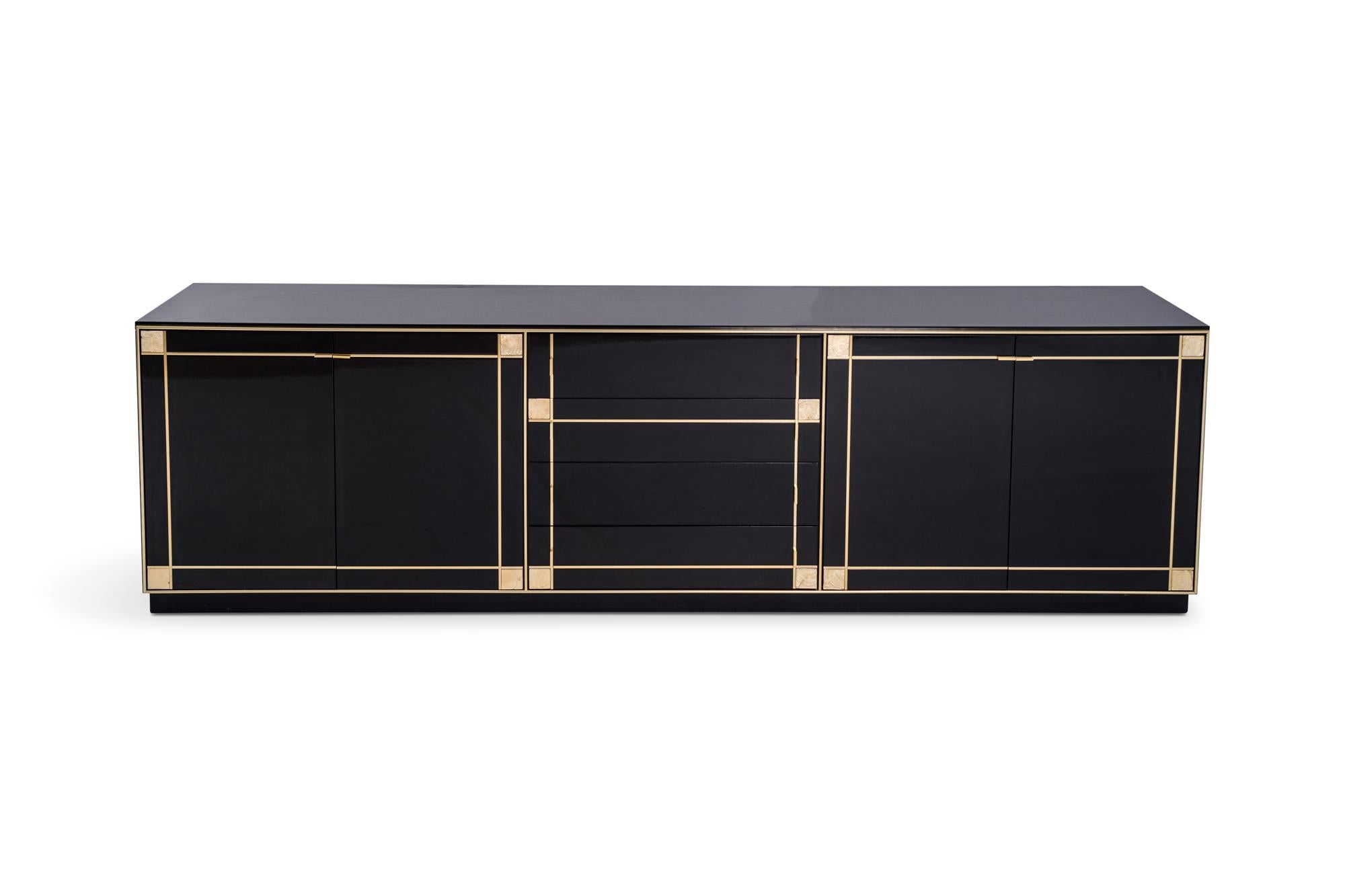 Hollywood Regency Pierre Cardin Black Lacquered Sideboard with Brass Details, 1980s