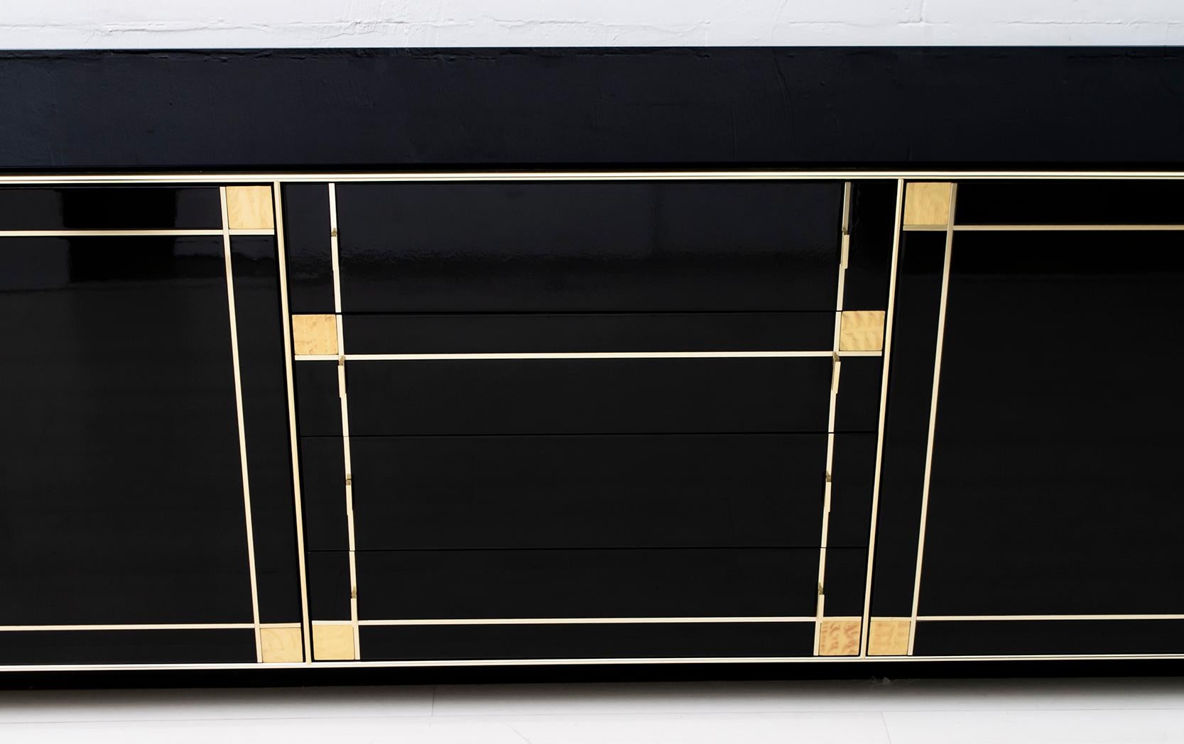 French Pierre Cardin Black Lacquered Sideboard with Brass Details, 1980s