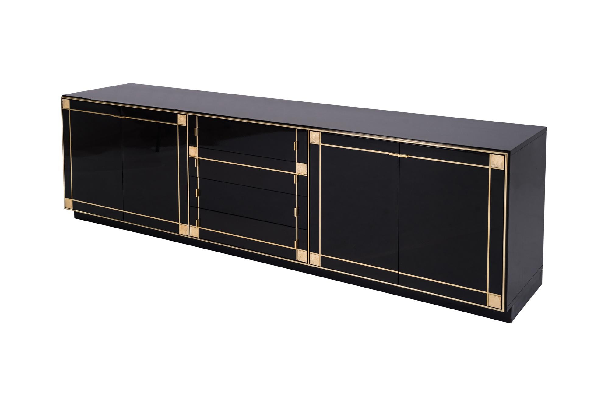 French Pierre Cardin Black Lacquered Sideboard with Brass Details, 1980s