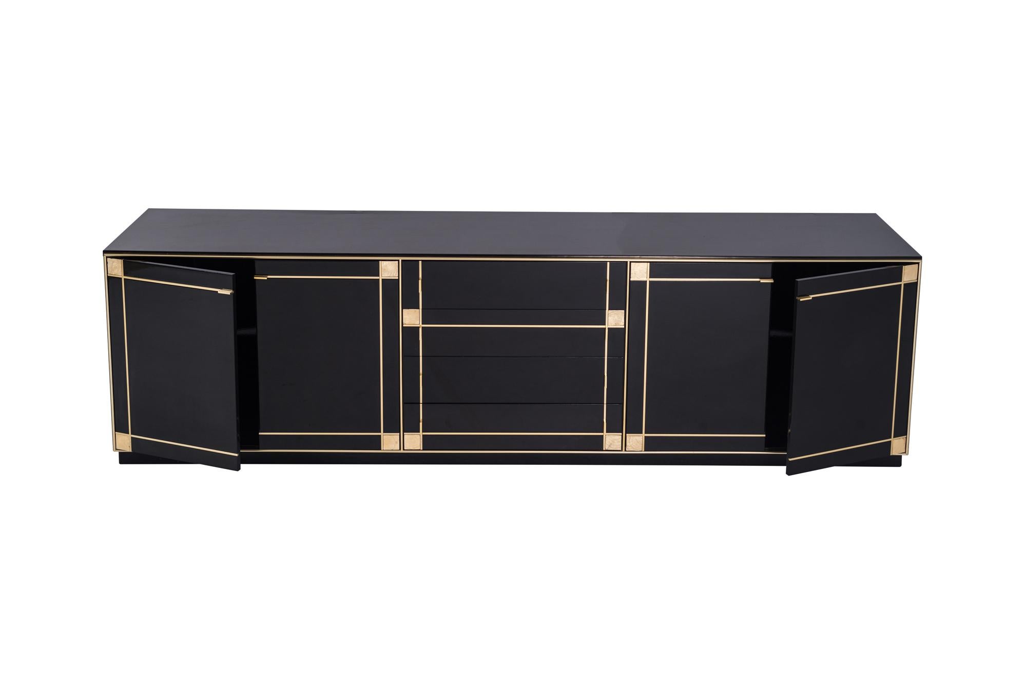 Pierre Cardin Black Lacquered Sideboard with Brass Details, 1980s In Good Condition In Antwerp, BE