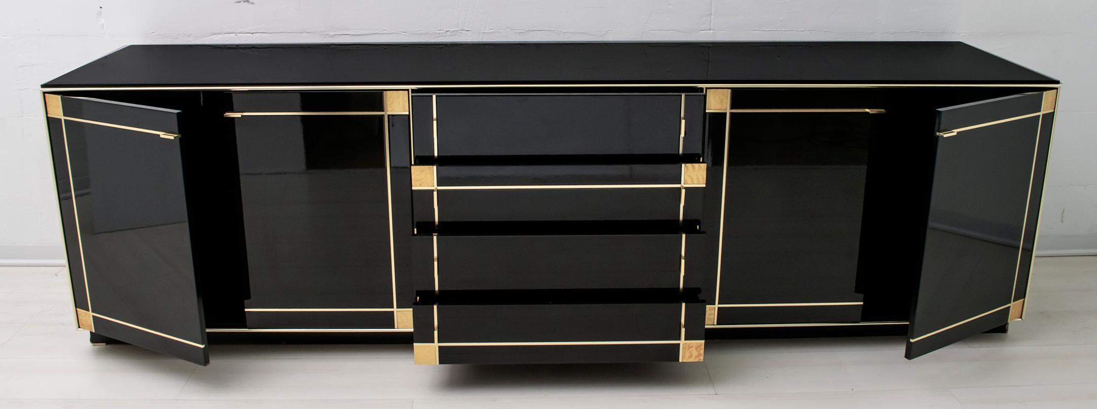 Late 20th Century Pierre Cardin Black Lacquered Sideboard with Brass Details, 1980s