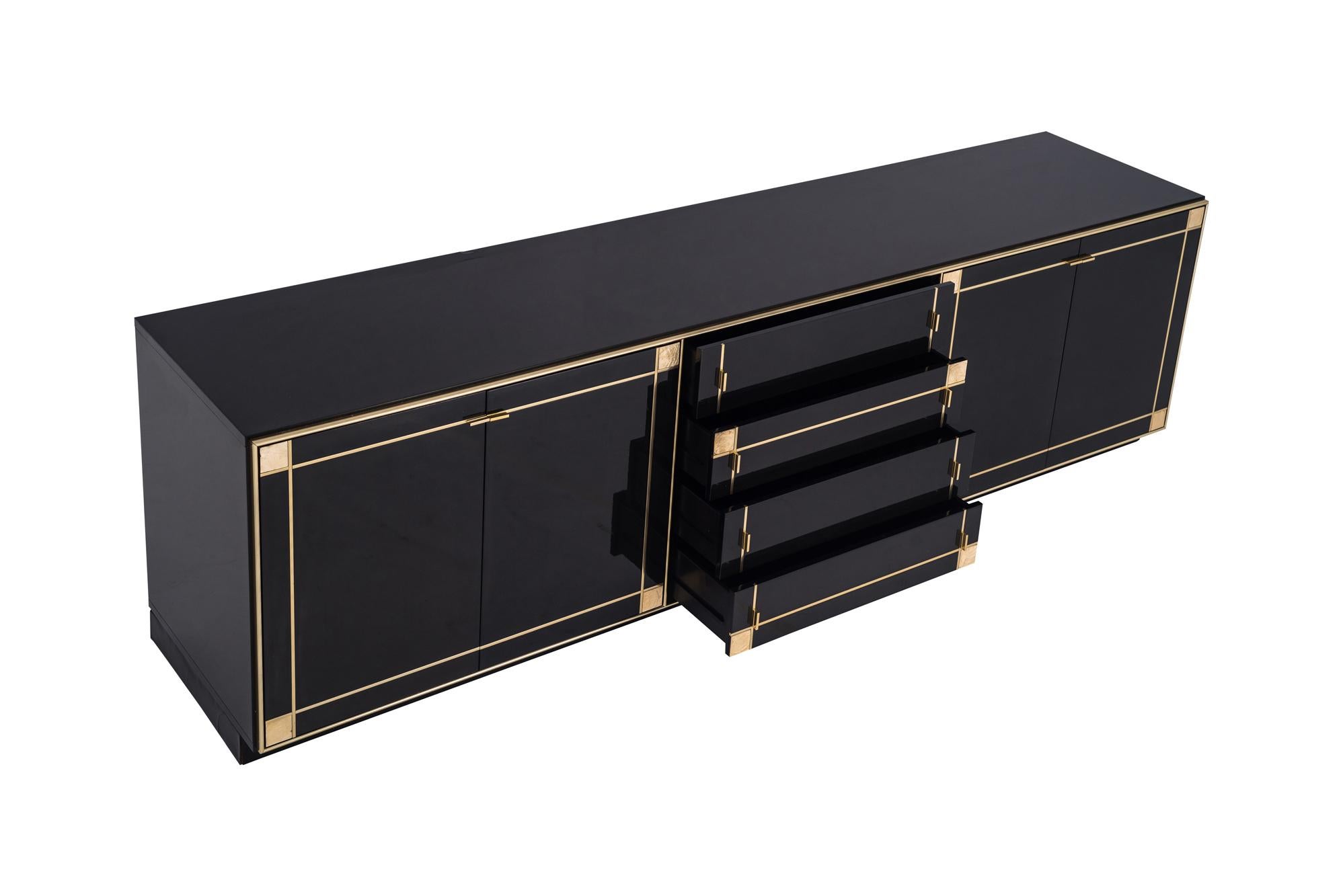 Late 20th Century Pierre Cardin Black Lacquered Sideboard with Brass Details, 1980s