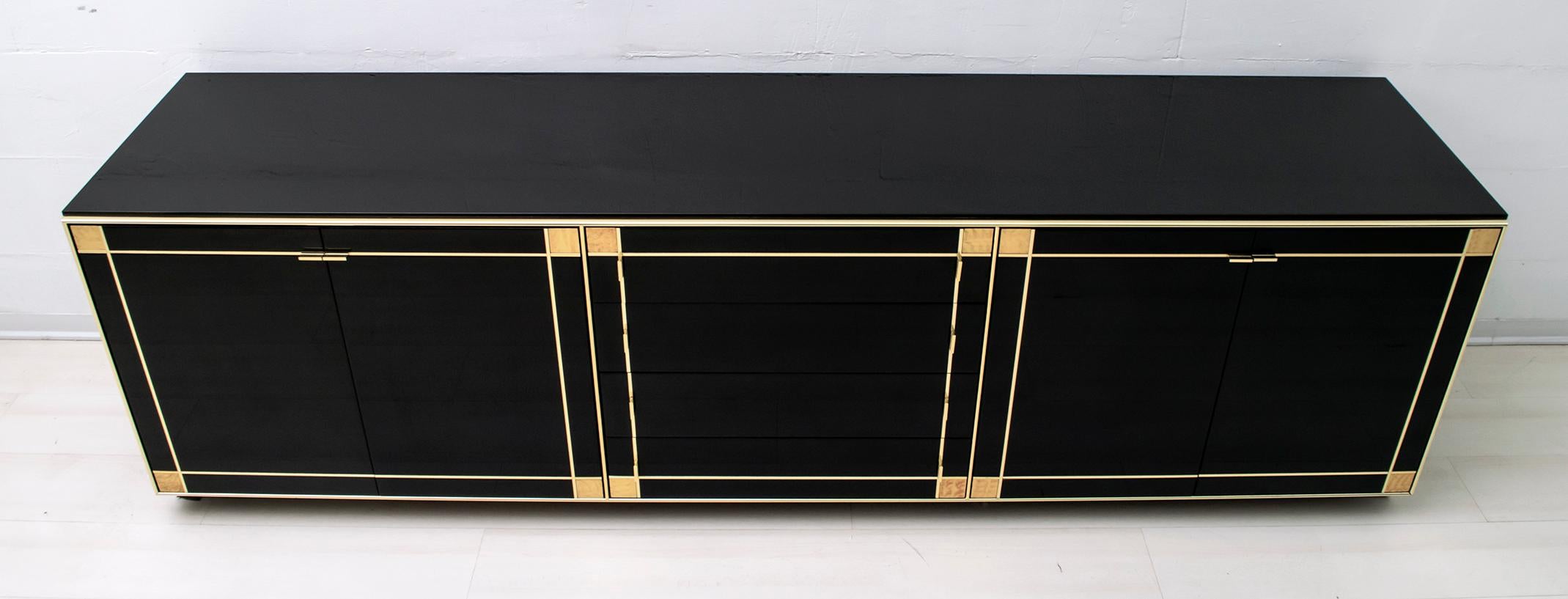 Pierre Cardin Black Lacquered Sideboard with Brass Details, 1980s 3